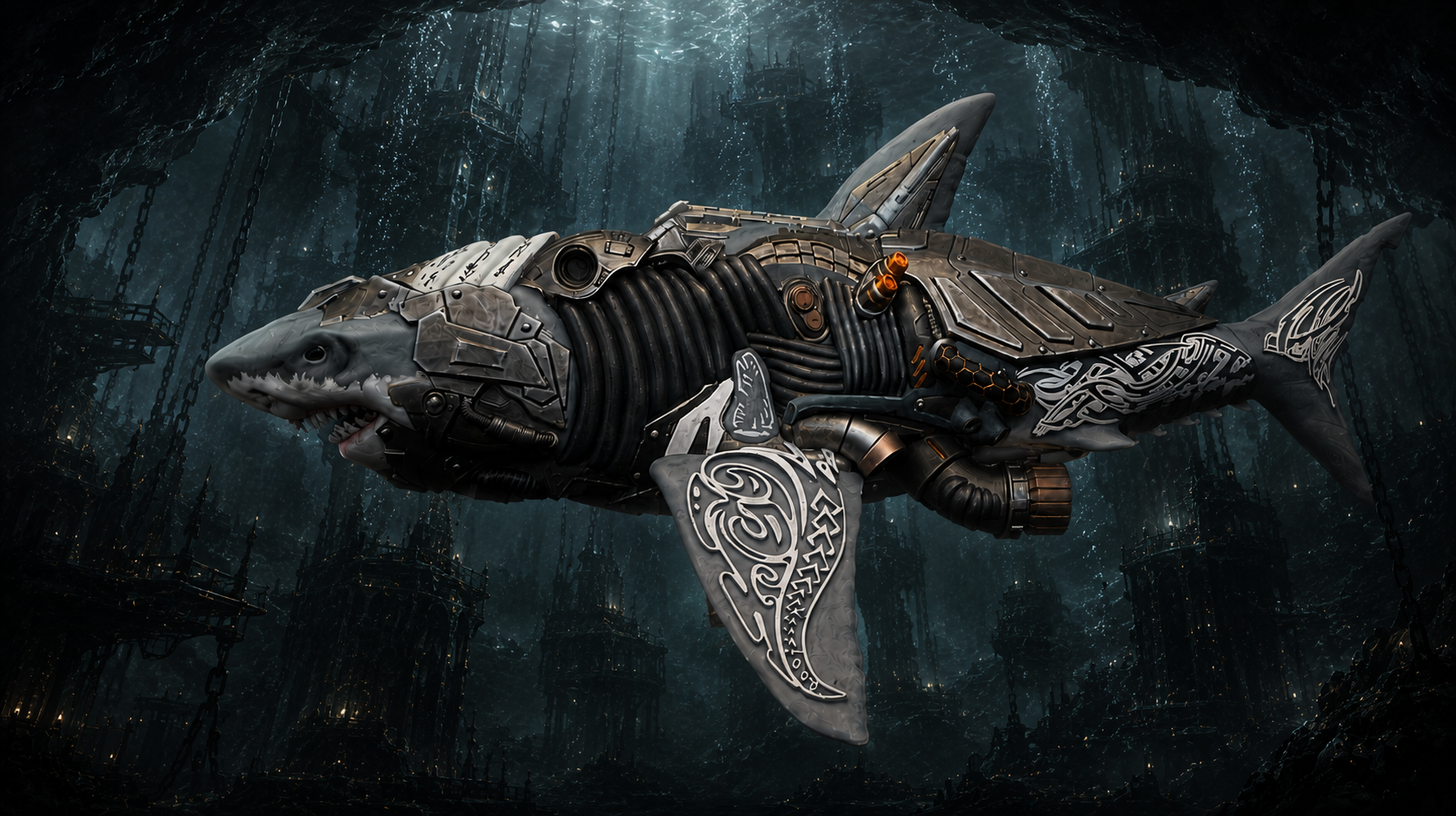 Museum-grade custom painted Warhammer 40K Carcharodons Cyber-Shark action figure mount centerpiece by ThroneTerra Toys.