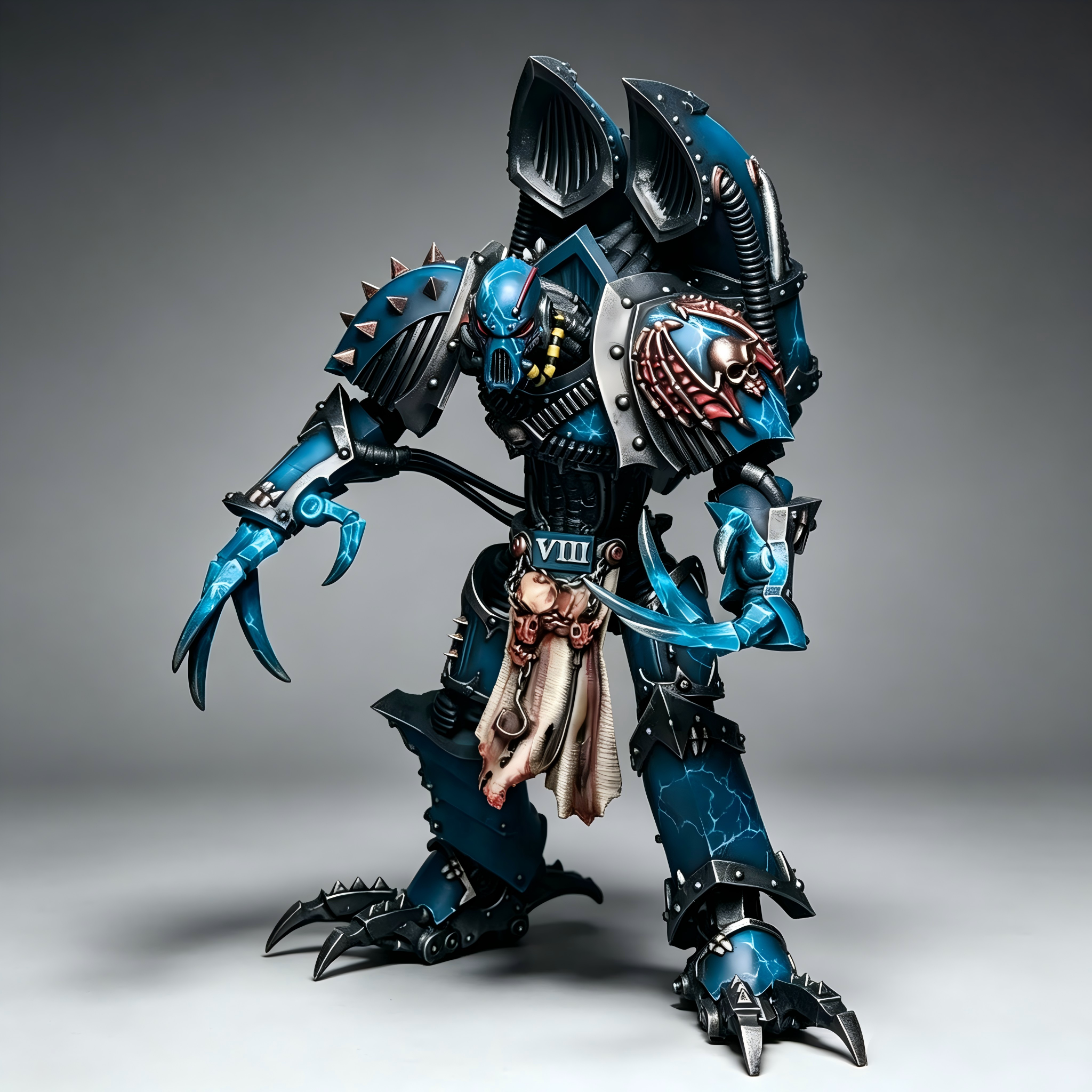 Front view of custom painted VIII Legion Chaos Raptor action figure, 11-inch tall, featuring glowing blue lightning claws and signature jump pack.