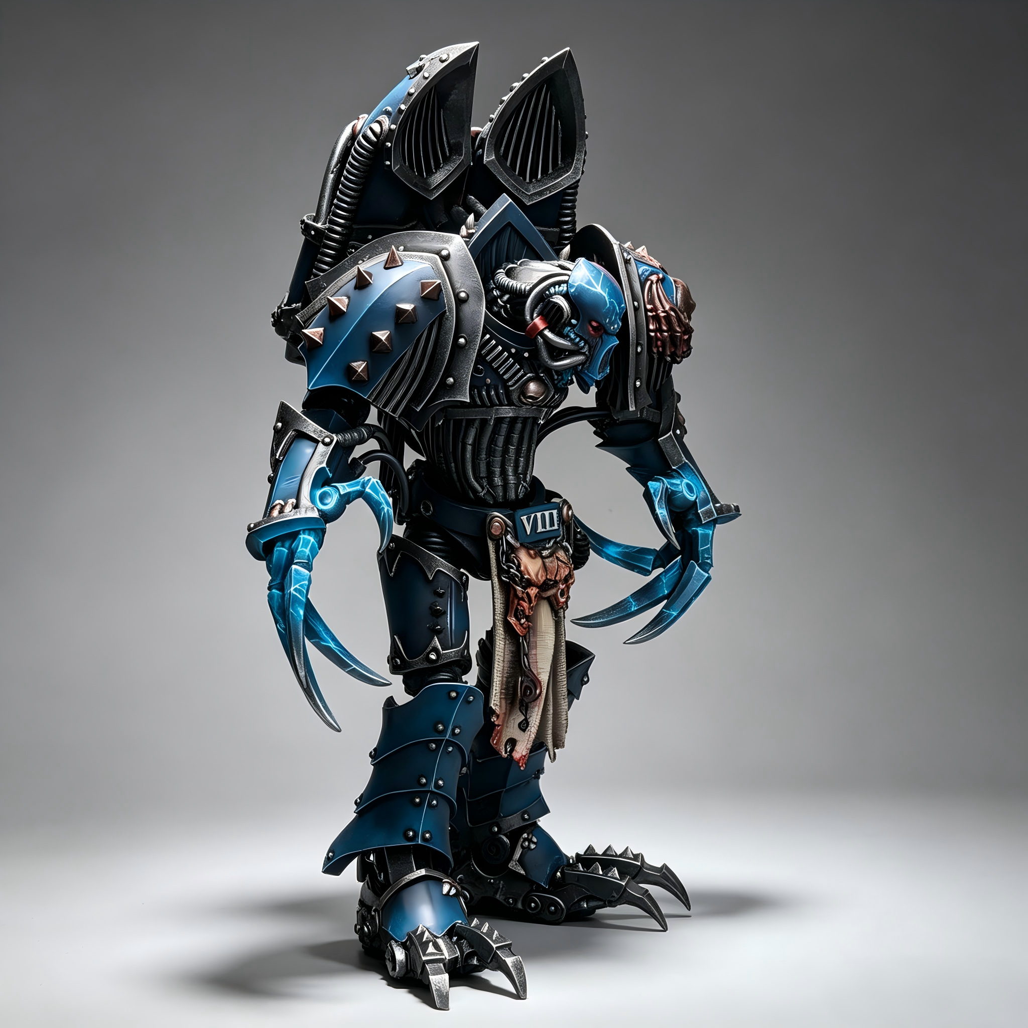 Side profile of handcrafted VIII Legion Chaos Raptor premium miniature, showcasing heavy armor plating, custom skull shoulder crest, and detailed metal weathering.