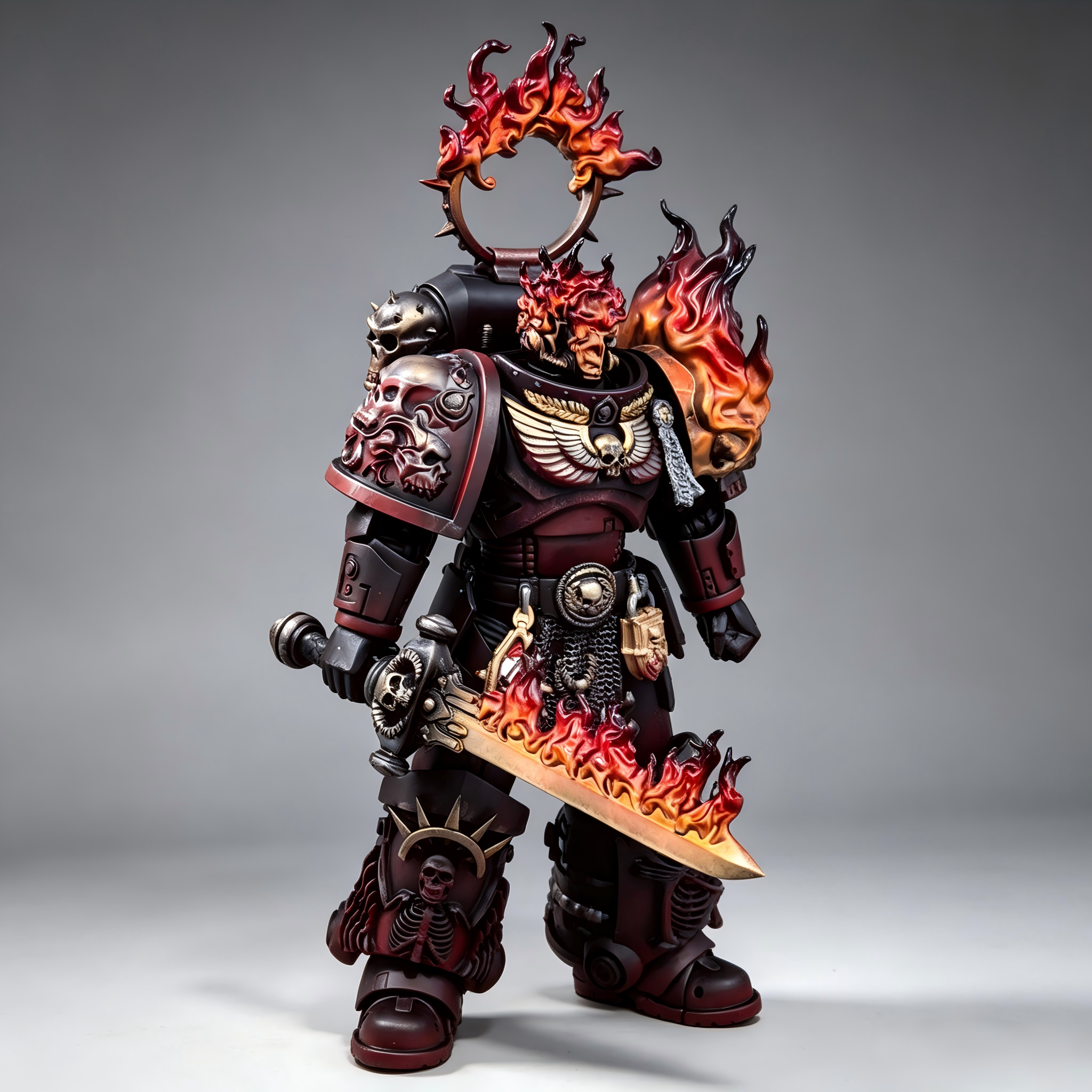 Front view of custom painted 1/18 scale Damned Legion warrior figure holding a flame-wreathed greatsword, featuring translucent shoulder fire.
