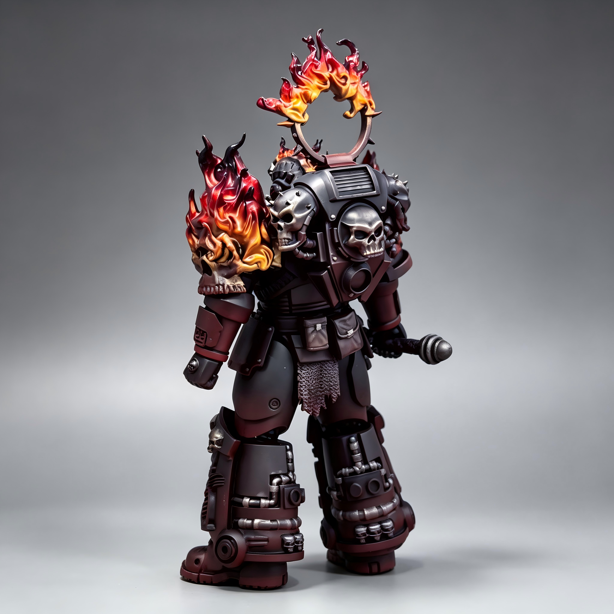 Rear view of 1/18 scale custom painted sci-fi figure highlighting the twin-engine backpack with skulls and a burning translucent fire halo.