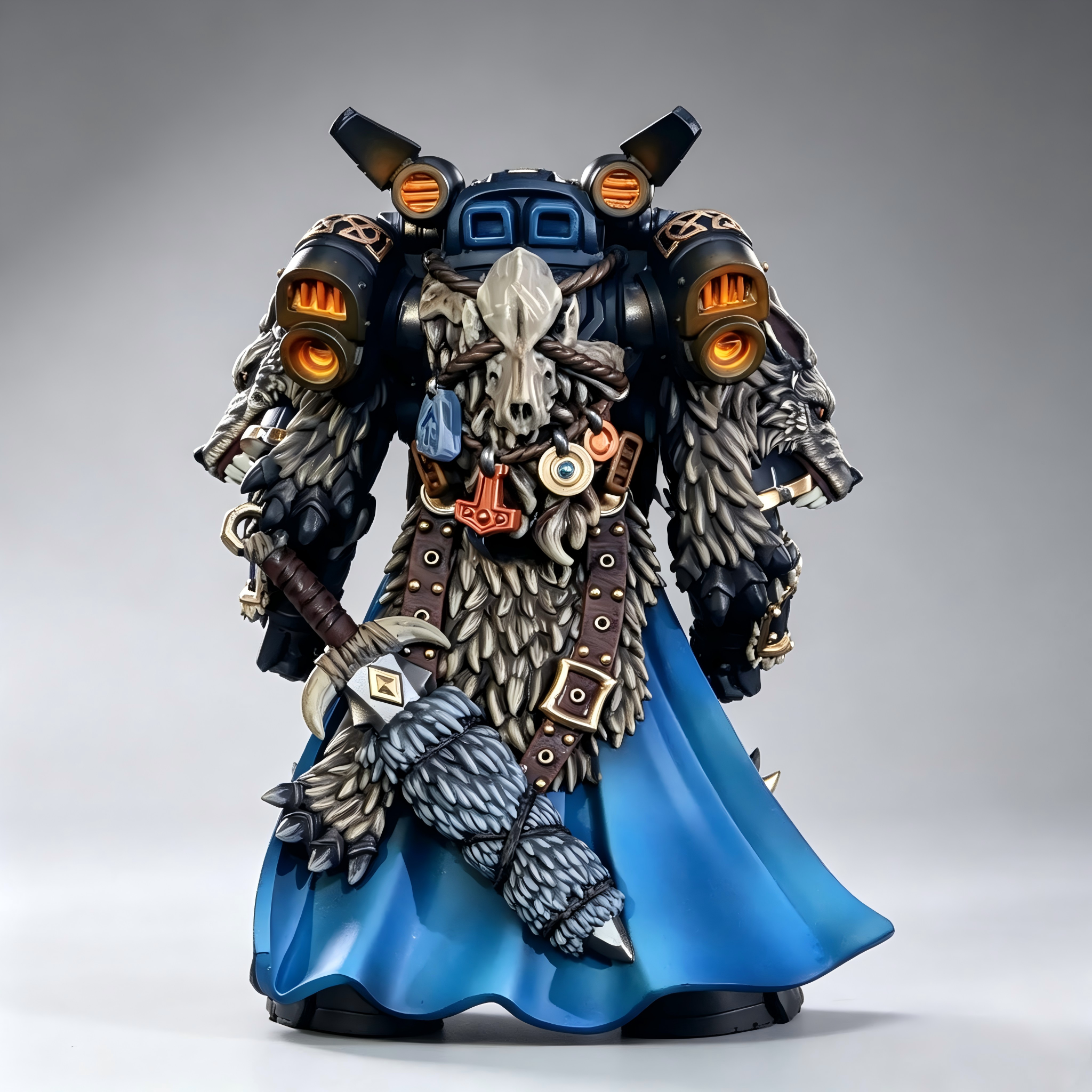 Rear view of custom Space Wolves figure highlighting gradient OSL thruster glow, realistic bone and leather strap color-separation, and multi-pass blue cloak gradient.
