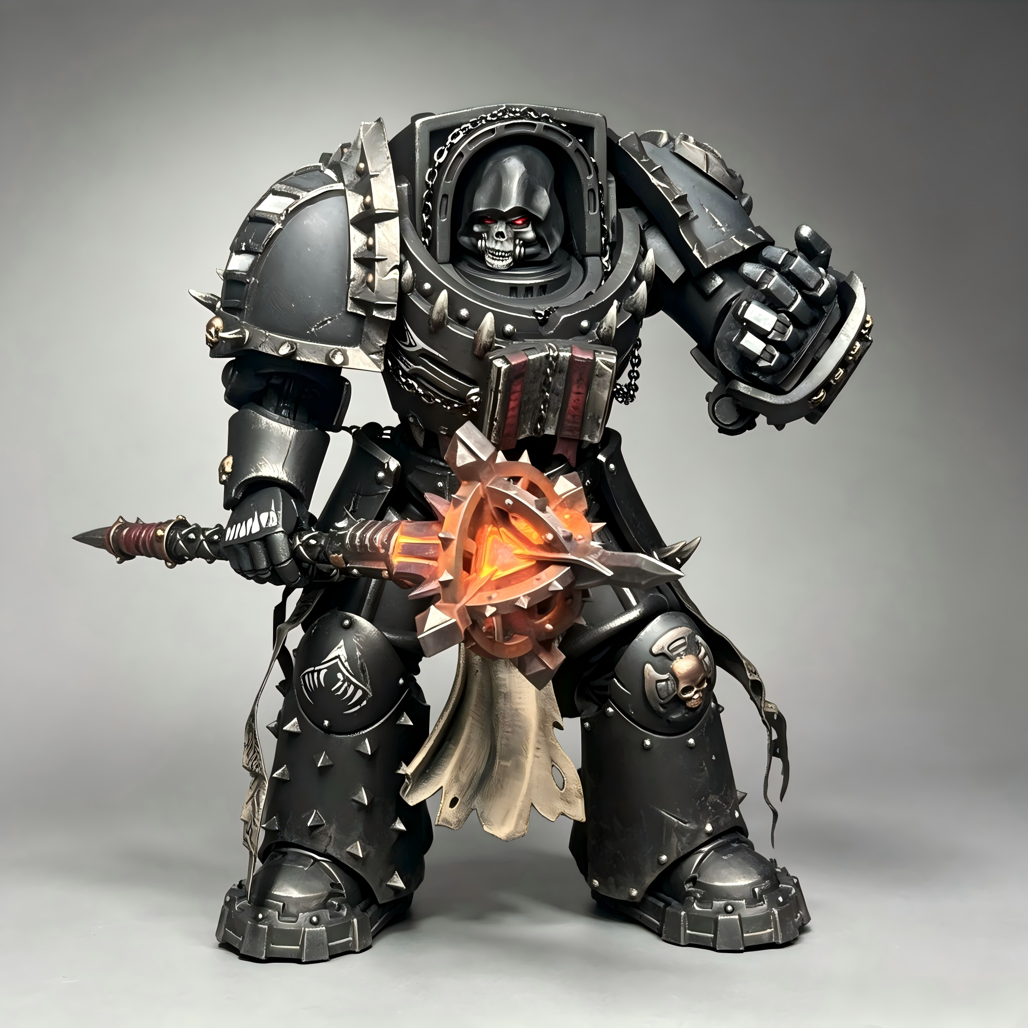 Front view of custom 1/18 scale Carcharodons Terminator Chaplain action figure holding a glowing orange Power Crozius weapon.