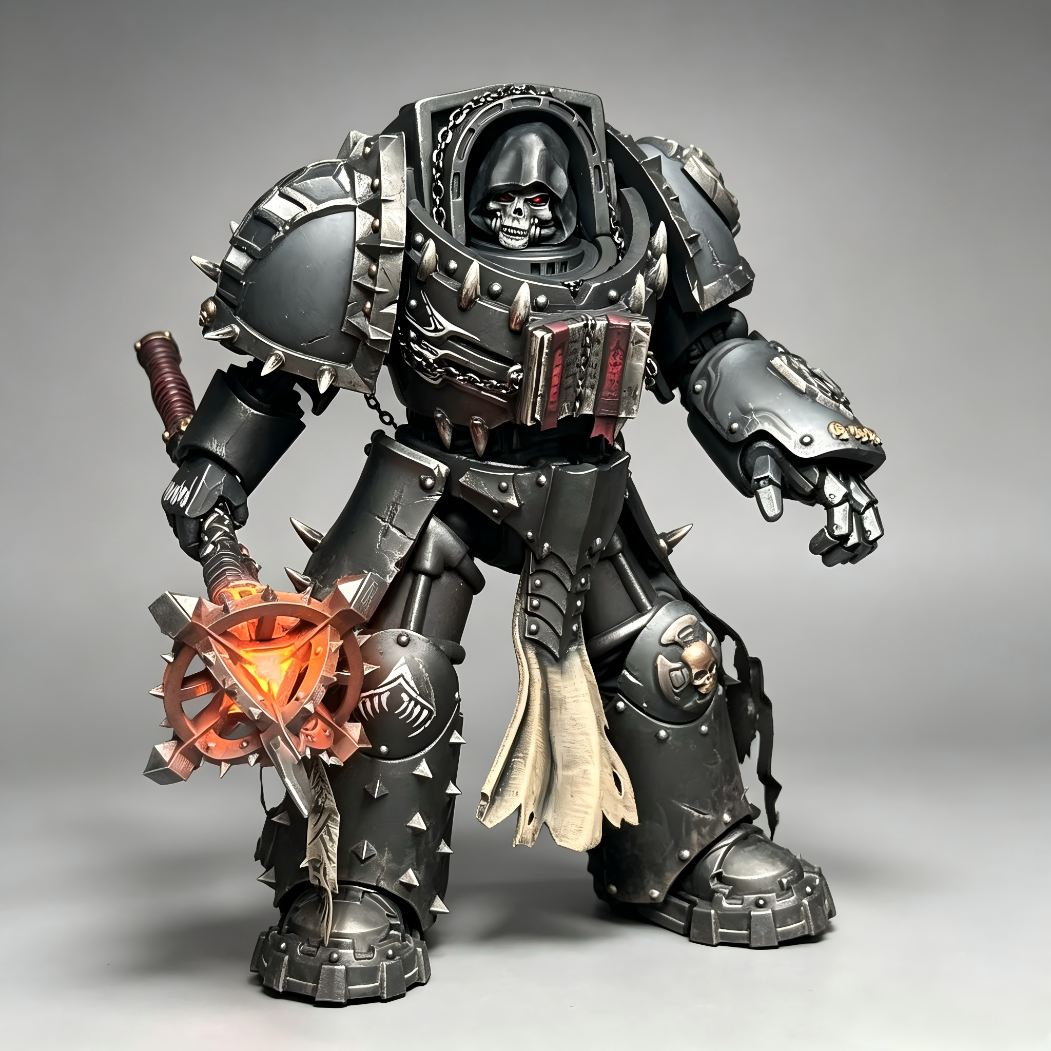 Close-up shot of Carcharodons custom space marine figure showing shark tribal leg markings, skull helmet with hood, and chest book.
