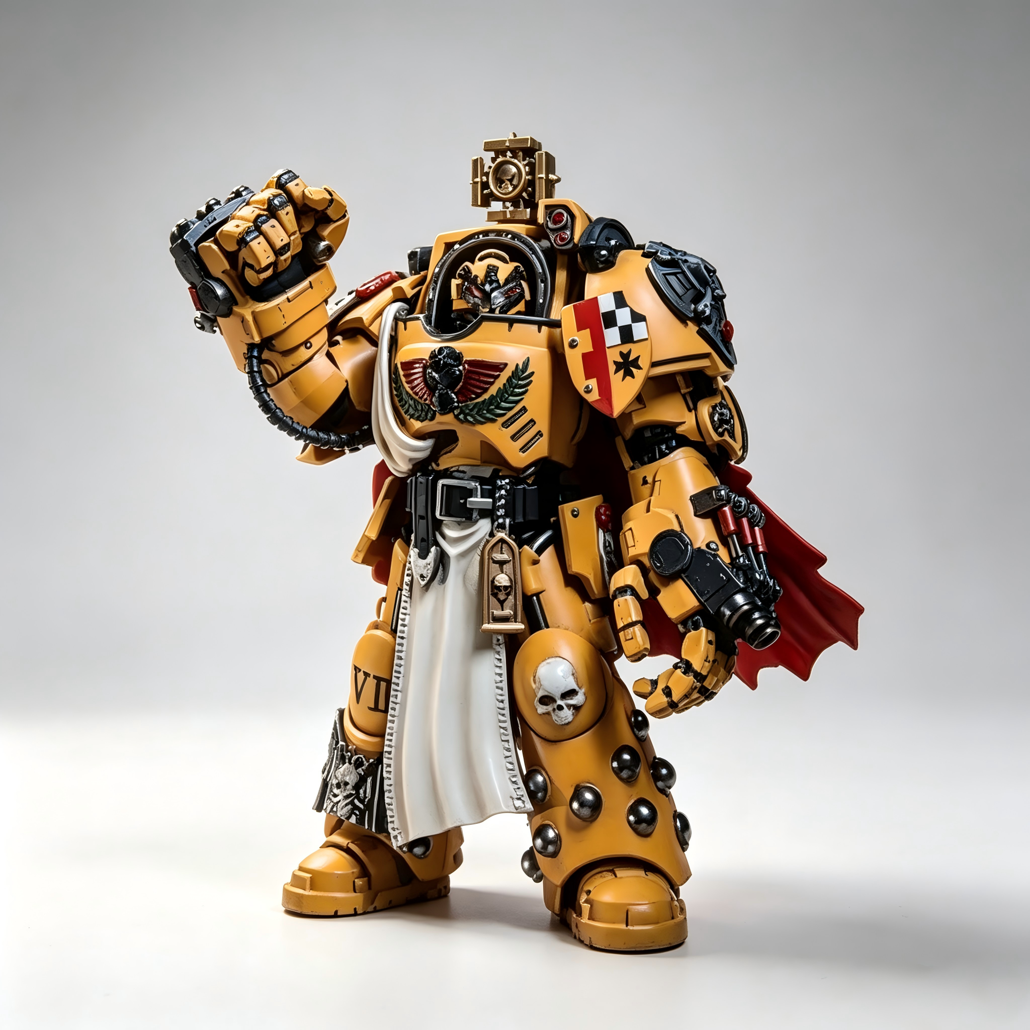 Imperial Fists Terminator Captain 1/18 custom repaint figure raising a heavy power fist in yellow armor with a red cape.