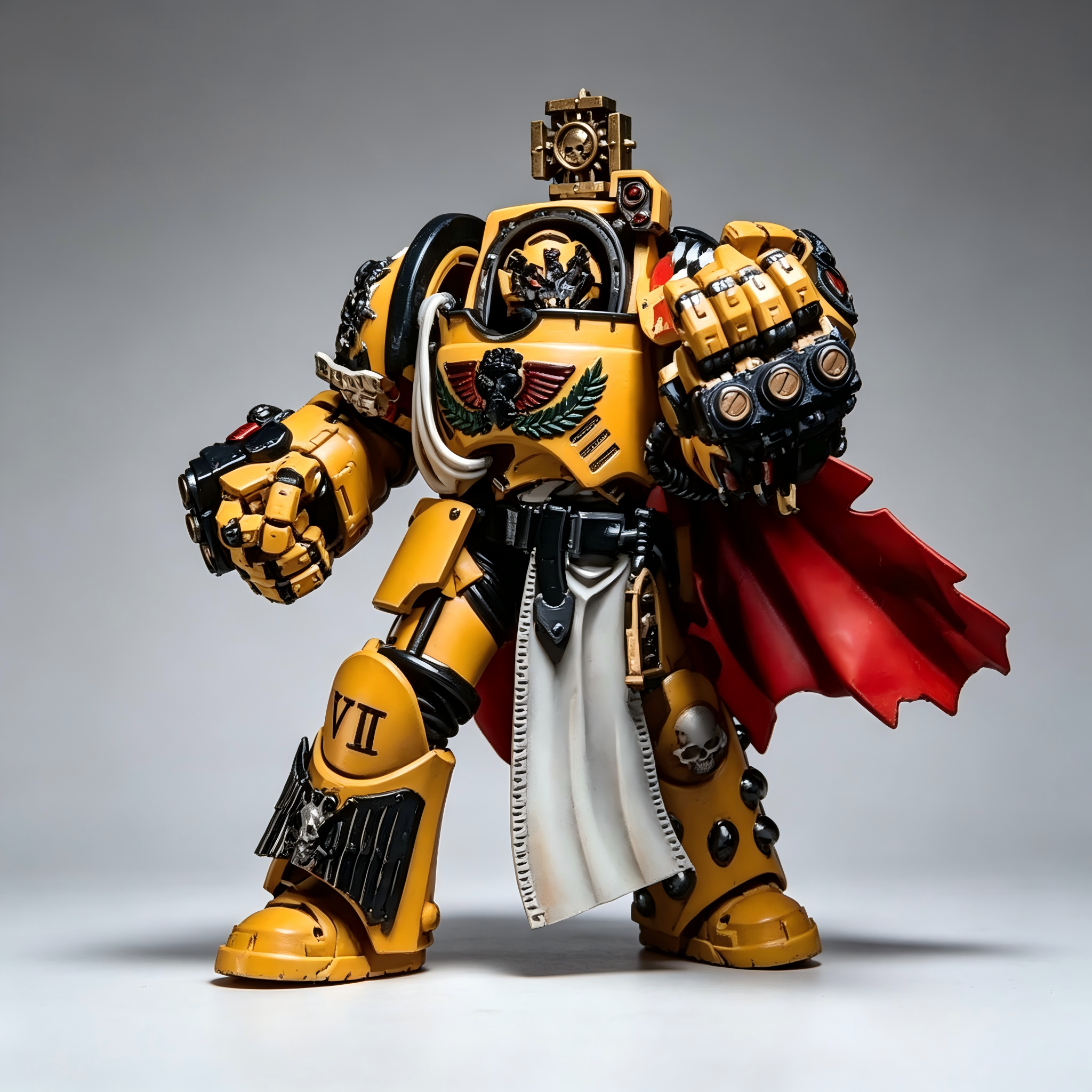 Dynamic pose of custom repainted Imperial Fists 1/18 terminator figure showcasing the integrated wrist storm bolter and skull leg studs.