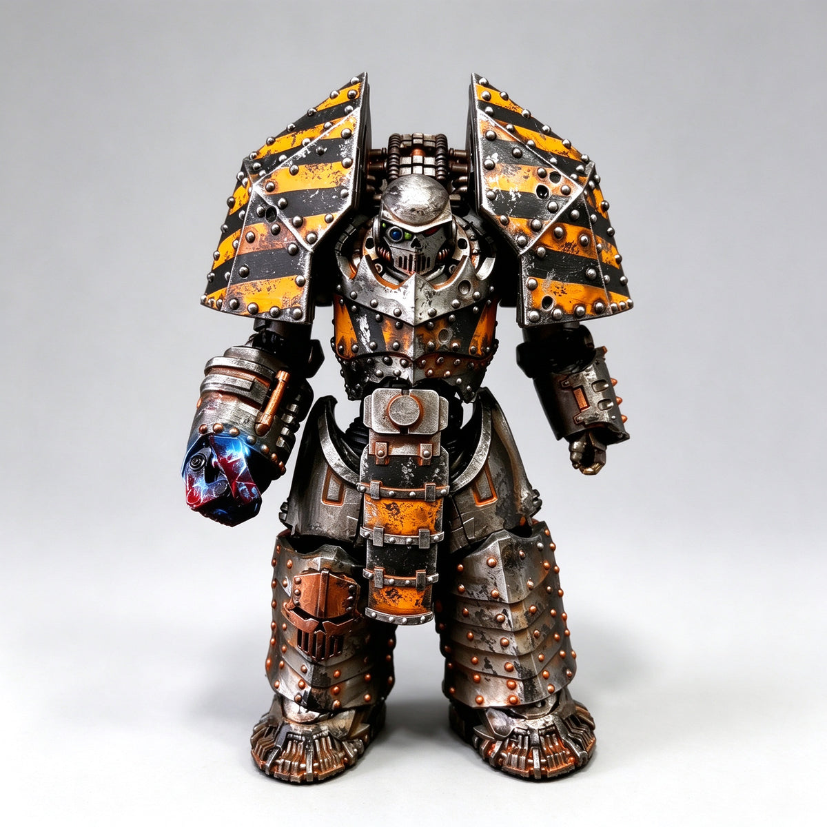 Custom hand-painted 1/18 scale Iron Warriors Saturnine MK1 Terminator figure with yellow and black hazard stripes and power fist.