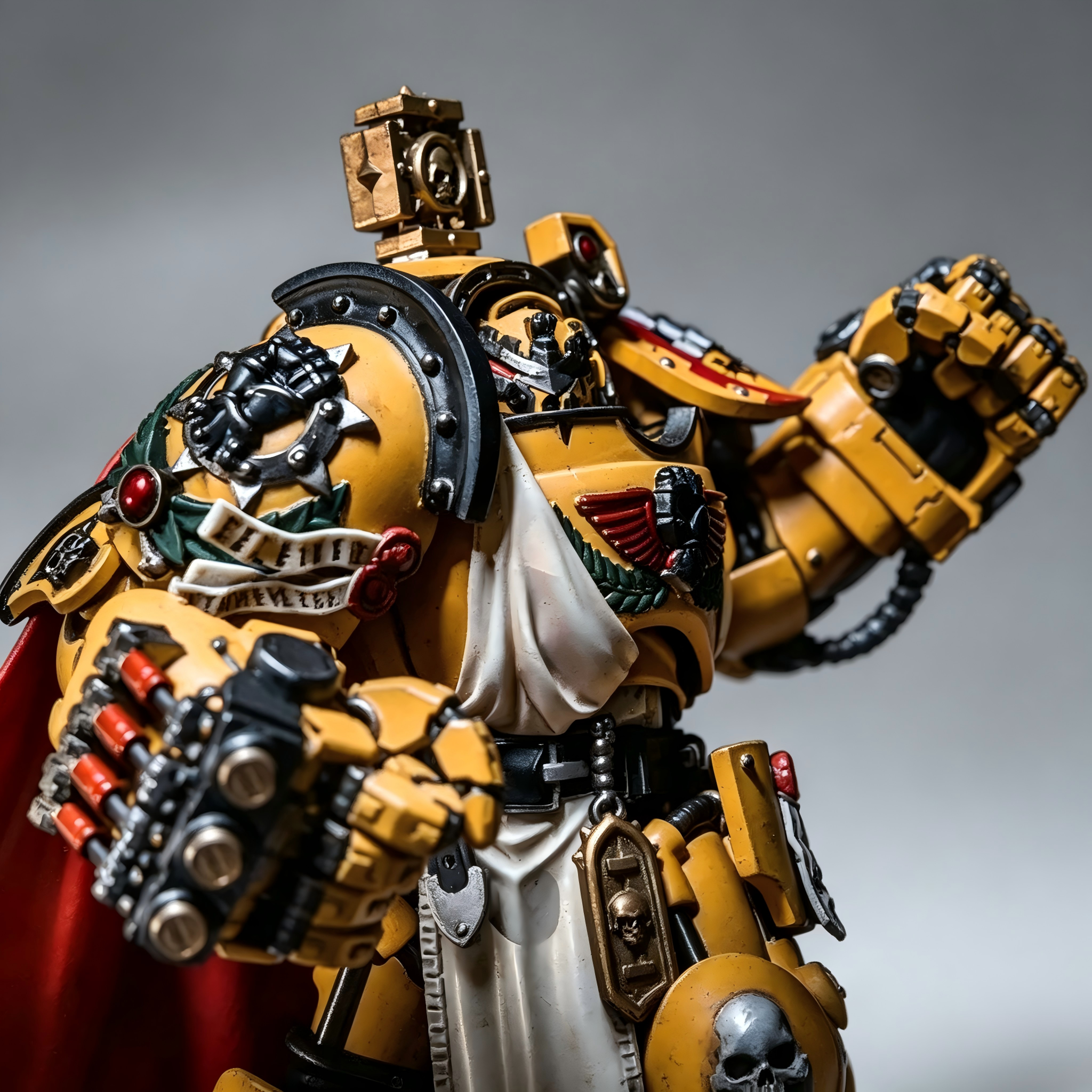 Detail shot of the black Imperial Fist emblem, iron halo, and custom painted dual power fists.