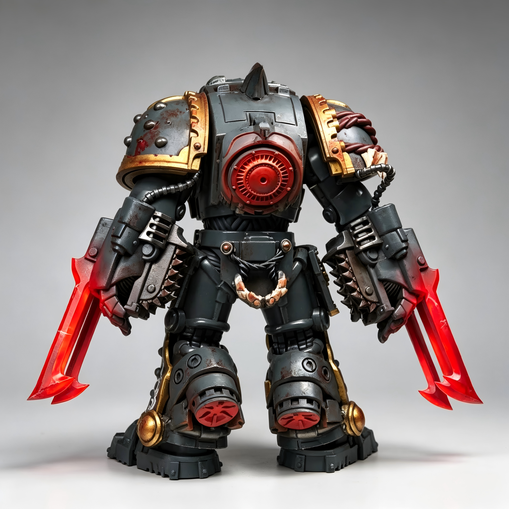 Back view of 1/18 custom Tyberos Terminator armor showing glowing red jump thrusters and metallic weathering.