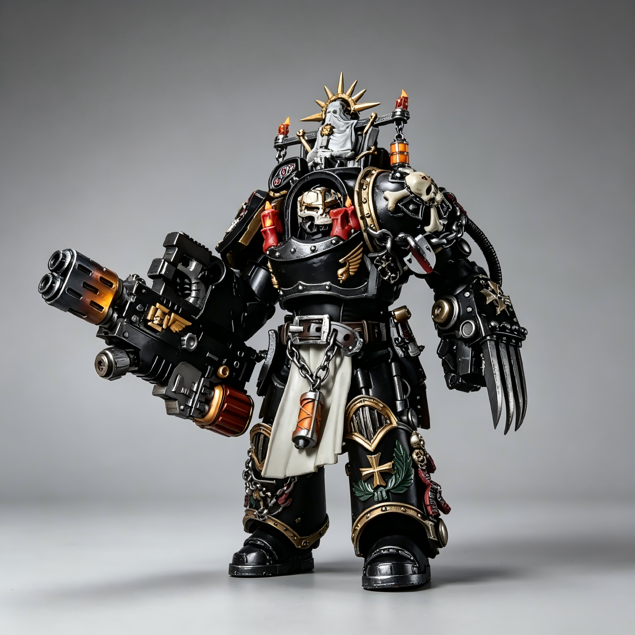 1/18 Black Templars Terminator Marshal custom action figure with heat-stained cannon and lightning claw.