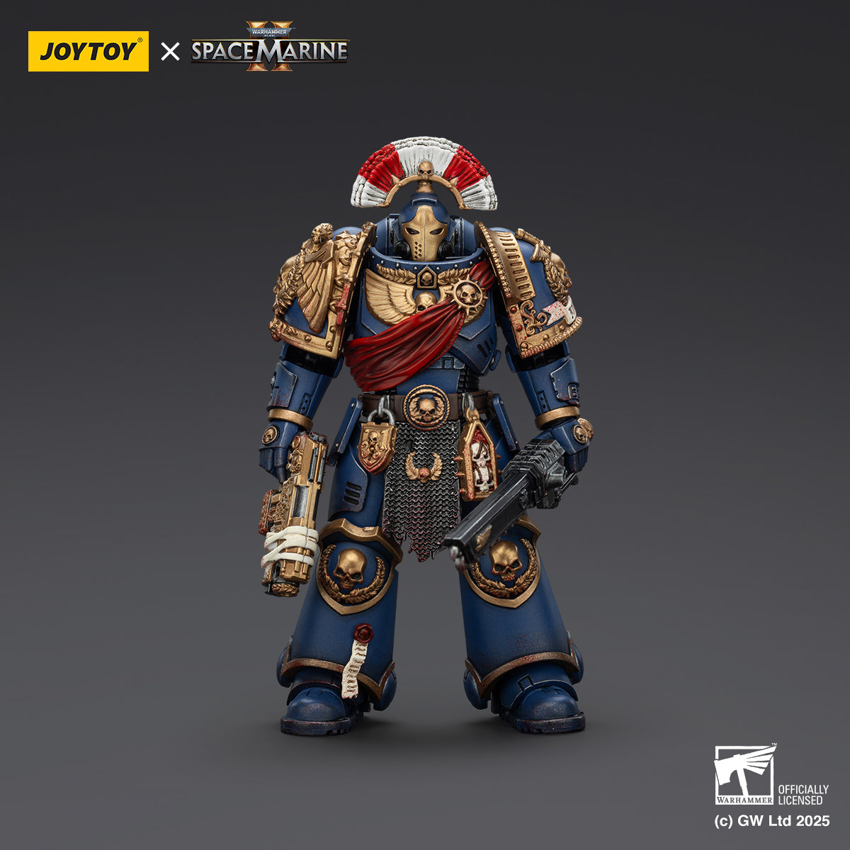 JoyToy Warhammer 40,000: Space Marine 2 Ultramarines Relic Secundus Armour with Artificer Bolt Rifle,Chainsword and Bolt Pistol