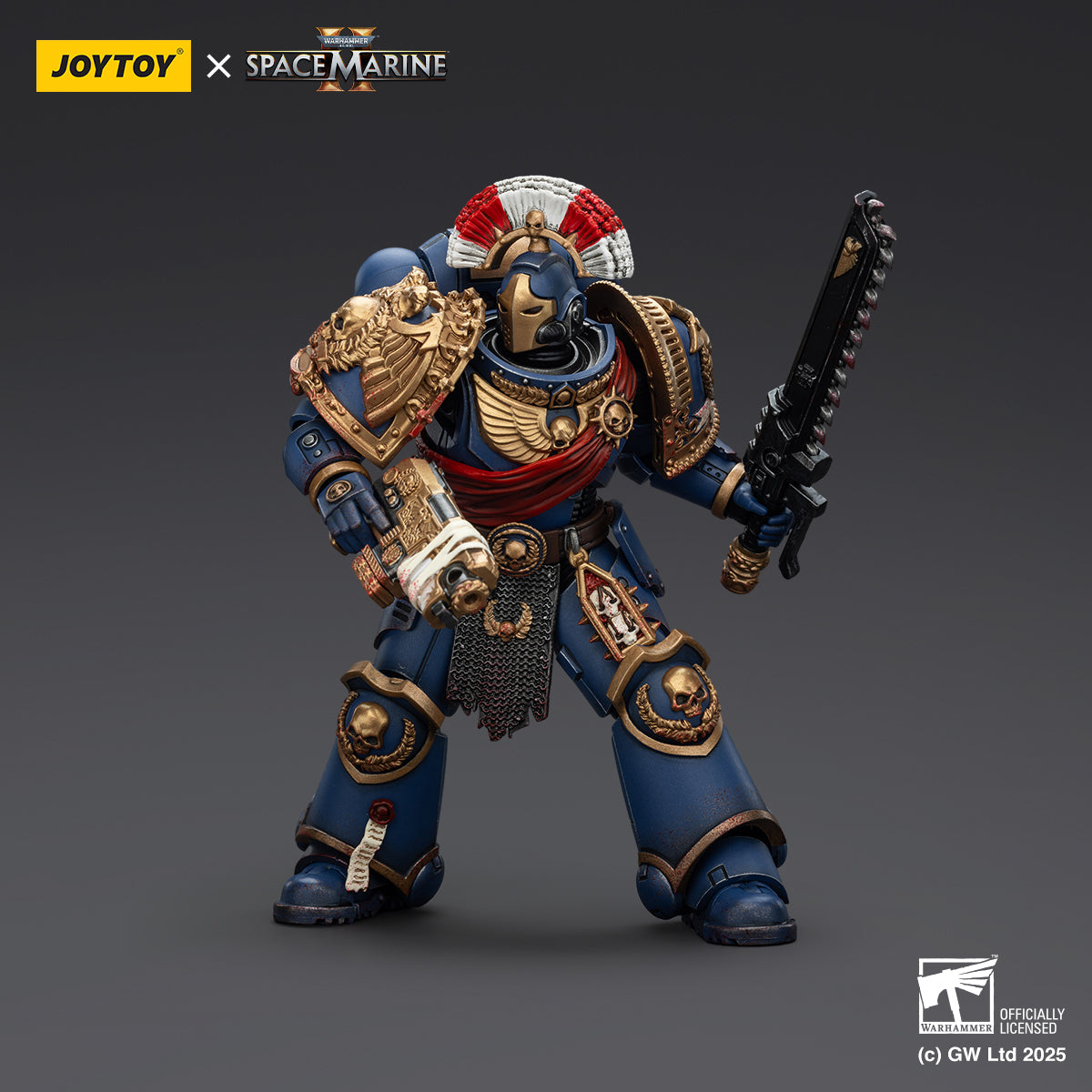 JoyToy Warhammer 40,000: Space Marine 2 Ultramarines Relic Secundus Armour with Artificer Bolt Rifle,Chainsword and Bolt Pistol