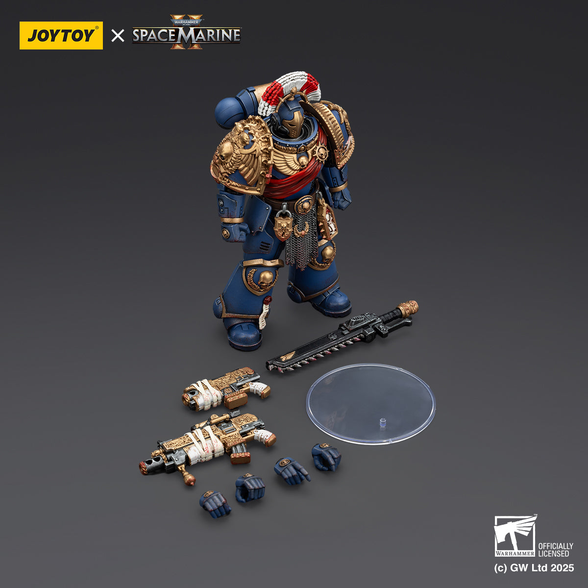 JoyToy Warhammer 40,000: Space Marine 2 Ultramarines Relic Secundus Armour with Artificer Bolt Rifle,Chainsword and Bolt Pistol