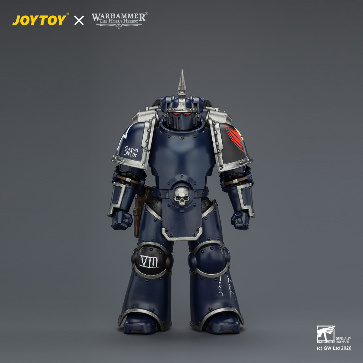VIII Legion Tactical Space Marine aiming boltgun, midnight blue armor with VIII legion numbers, 1/18 scale JoyToy.