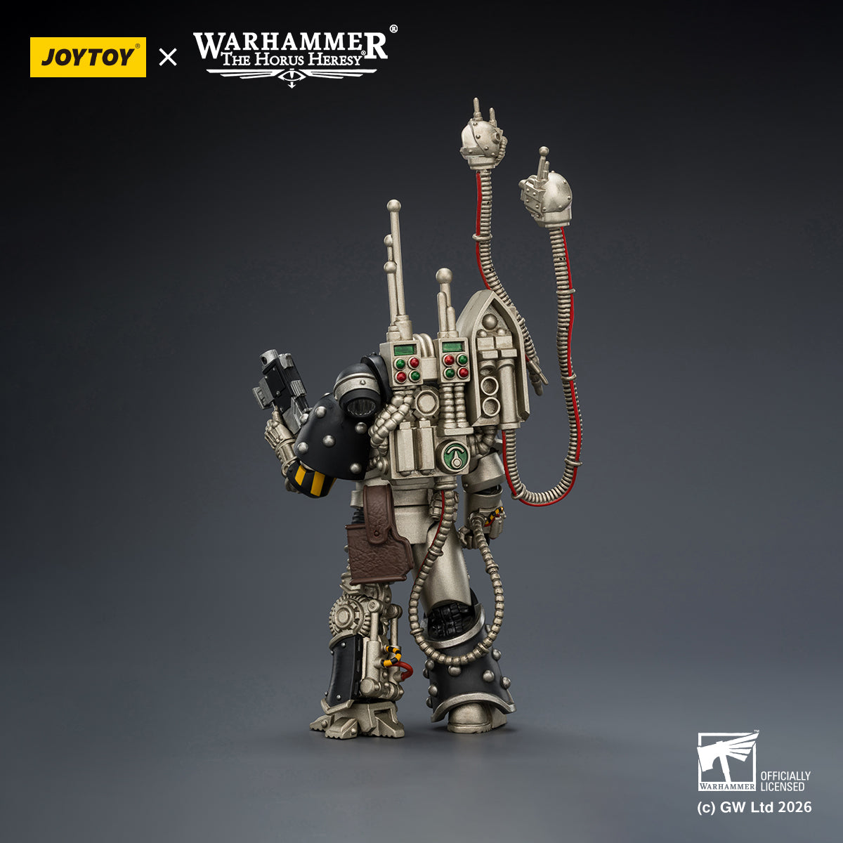 Close-up of Legion Bolt Pistol held by Iron Warriors Warsmith, detailed mechanical sculpting.