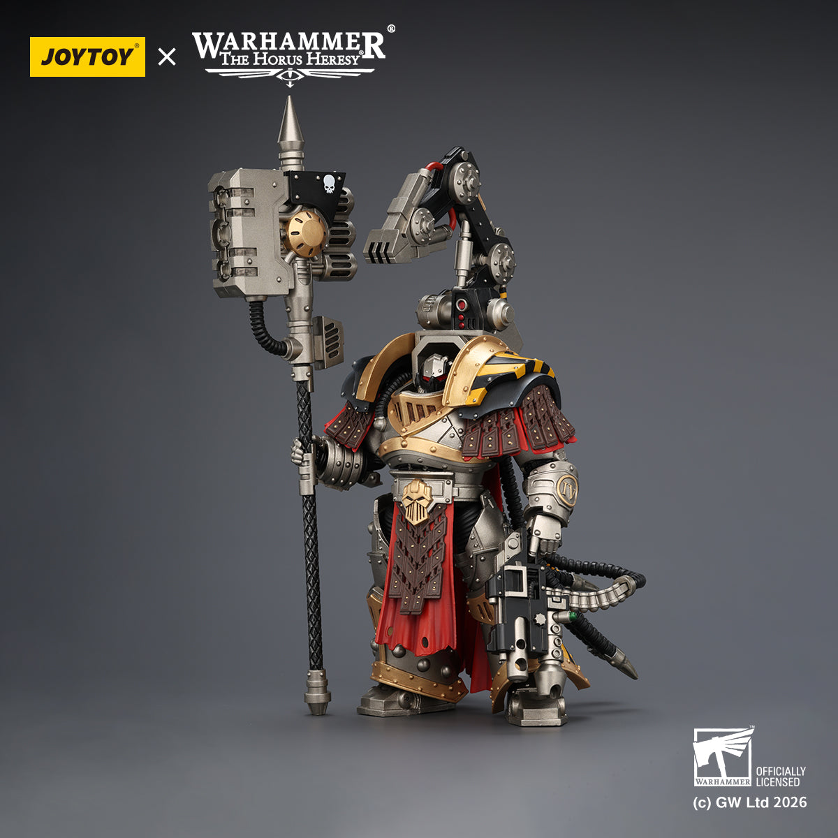 Iron Warriors iconic yellow and black hazard stripes on power armor, hand-painted weathering effects.
