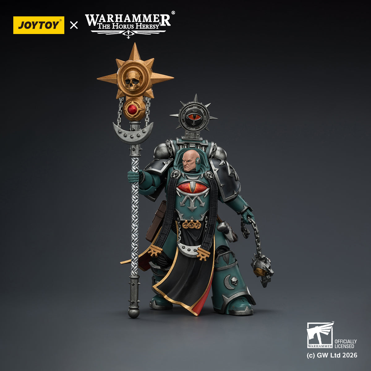 1/18 scale Sons of Horus Dark Emissary by JoyToy - Back view showing cloak and power pack details.