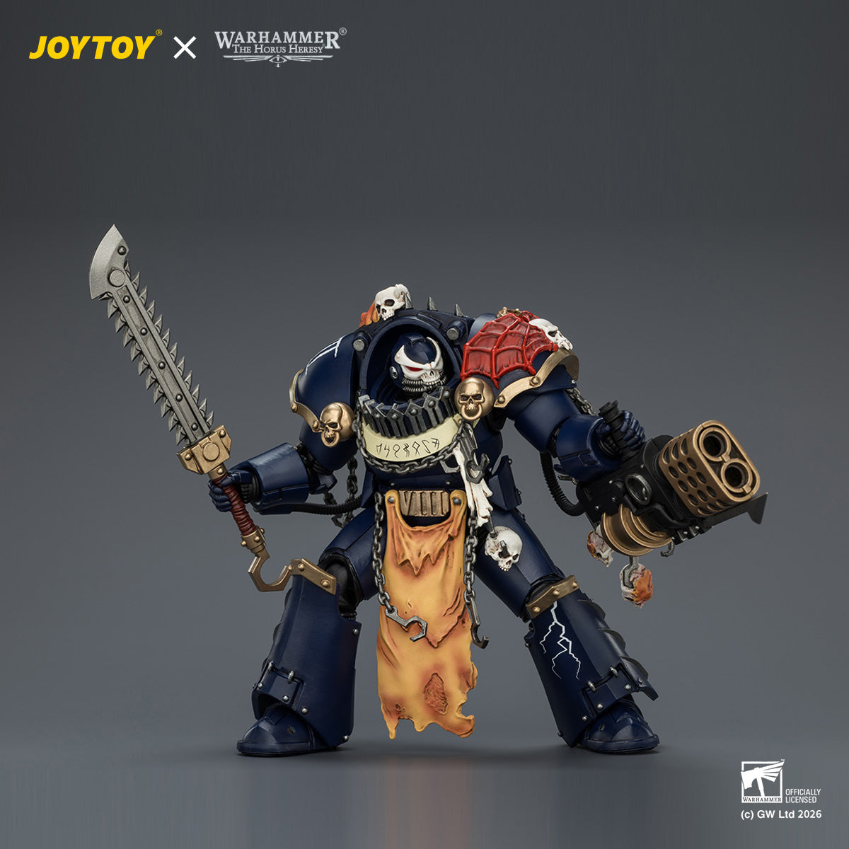 Detailed Nostraman heavy chainblades and Volkite or heavy flamer weapons on 1/18 scale JoyToy Contekar elite.