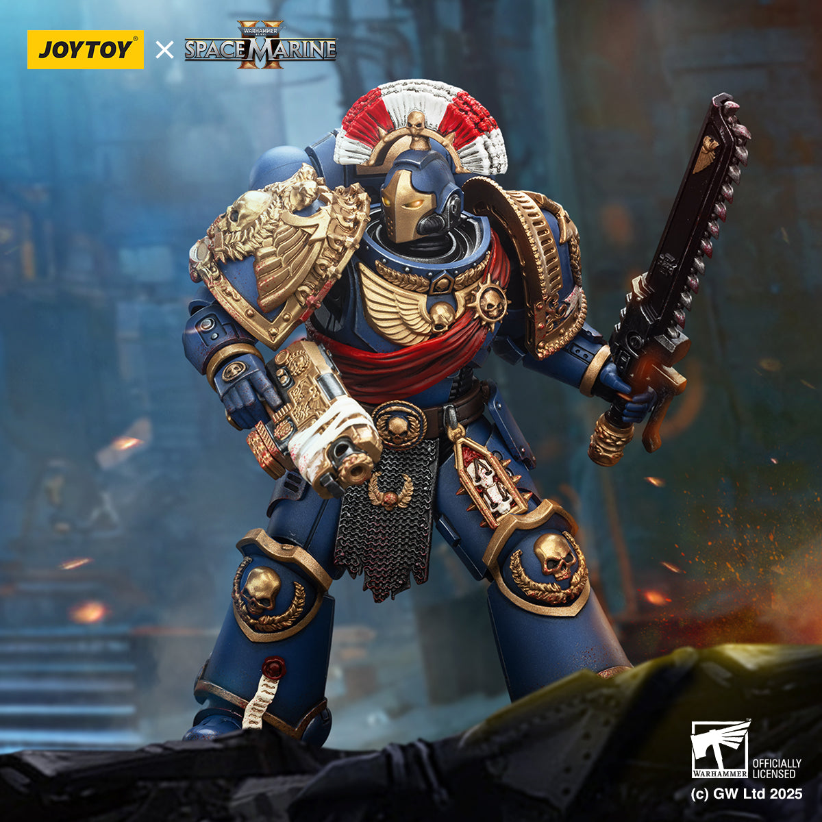 JoyToy Warhammer 40,000: Space Marine 2 Ultramarines Relic Secundus Armour with Artificer Bolt Rifle,Chainsword and Bolt Pistol