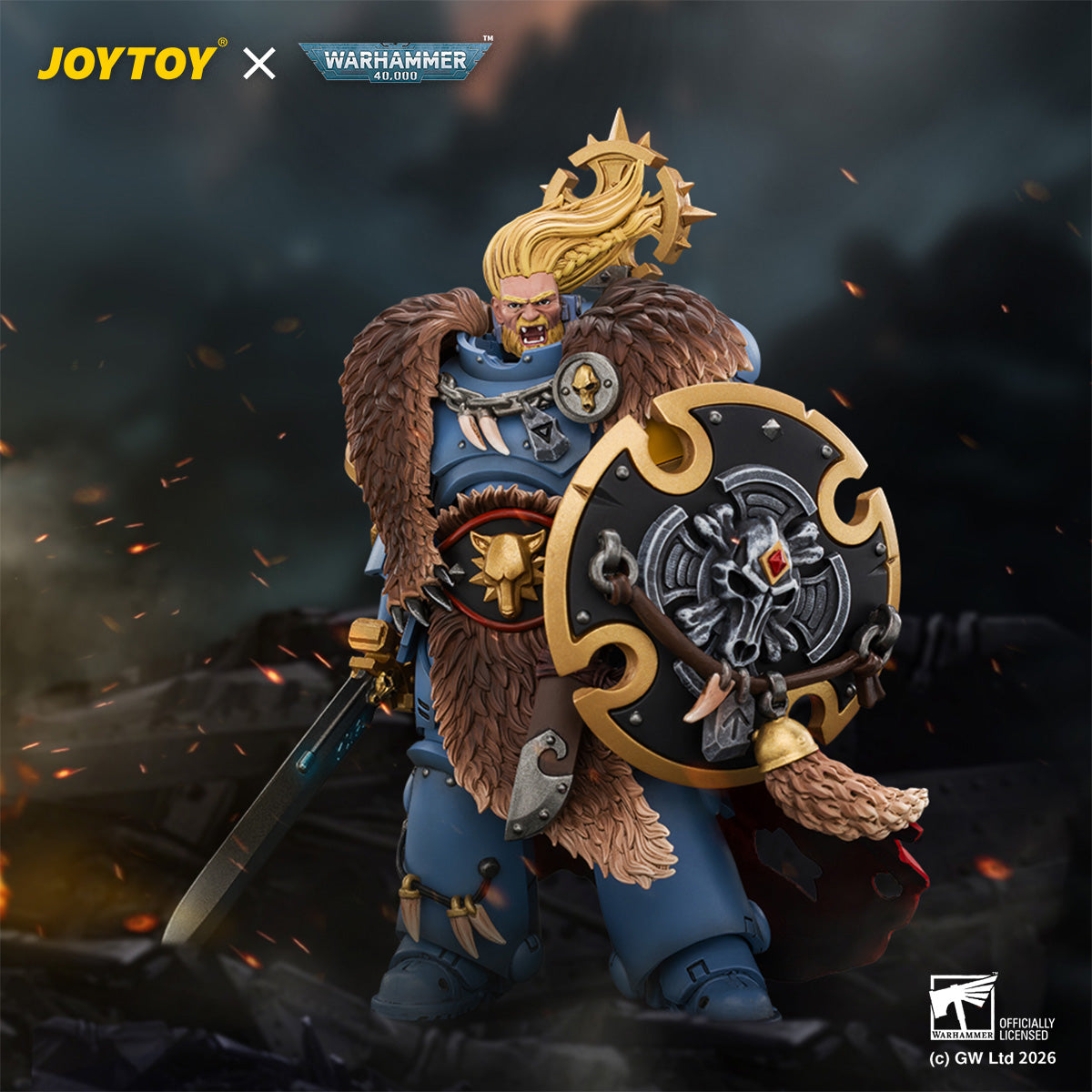 JOYTOY Warhammer 40,000 - Space Wolves Wolf Guard Battle Leader with Master-crafted Power Weapon, Storm Shield, Thunder Hammer,Master-crafted Heavy Bolt Pistol, and Plasma Pistol