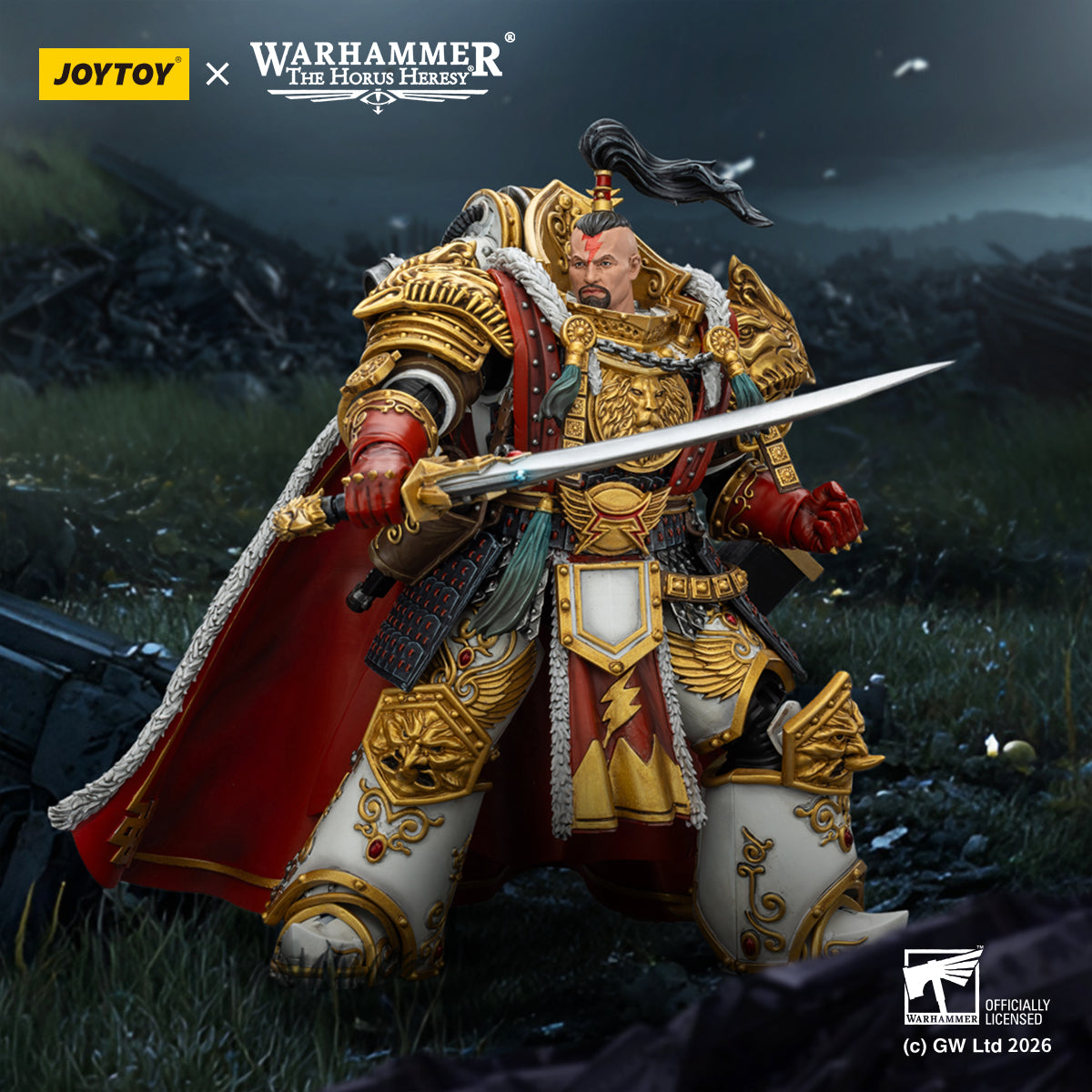 Detailed White Tiger Dao weapon close-up, Jaghatai Khan's signature blade with **Warhammer** power weapon effects.