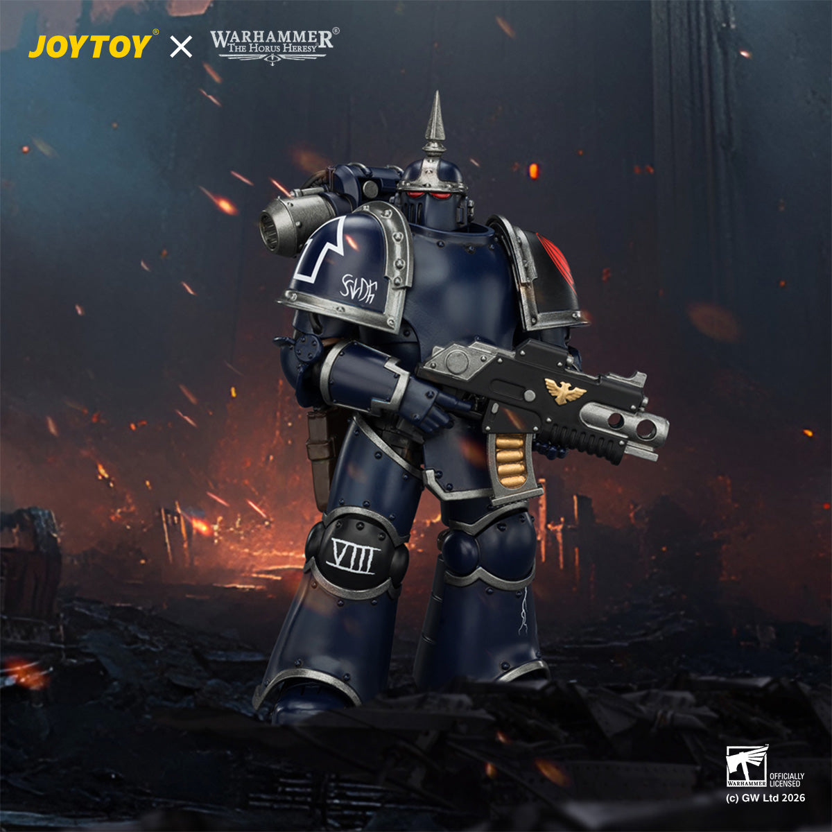 VIII Legion Tactical Space Marine aiming boltgun, midnight blue armor with VIII legion numbers, 1/18 scale JoyToy.