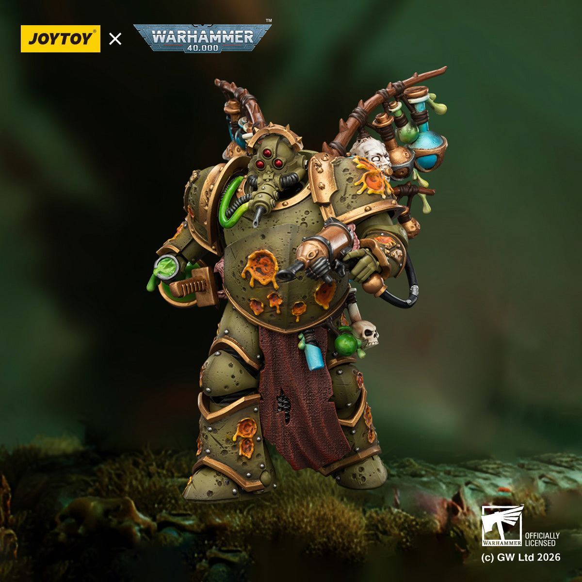 Detailed Hyper Blight Grenades rack and plague flasks on Biologus Putrifier, realistic toxic chemical weathering.