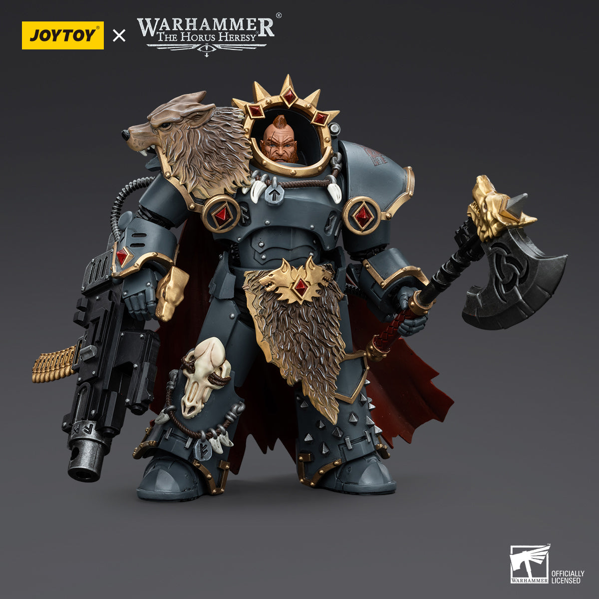 Space Wolves Hvarl, the Red Blade in full armor, front view. Detailed armor with wolf motifs and his blade ready for battle.