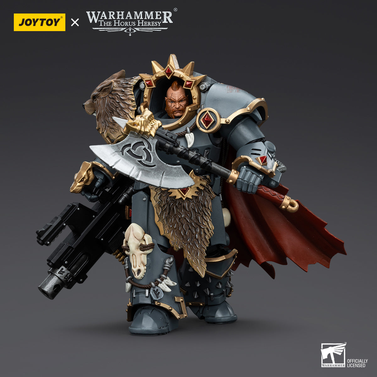 Space Wolves Hvarl, the Red Blade in full armor, front view. Detailed armor with wolf motifs and his blade ready for battle.