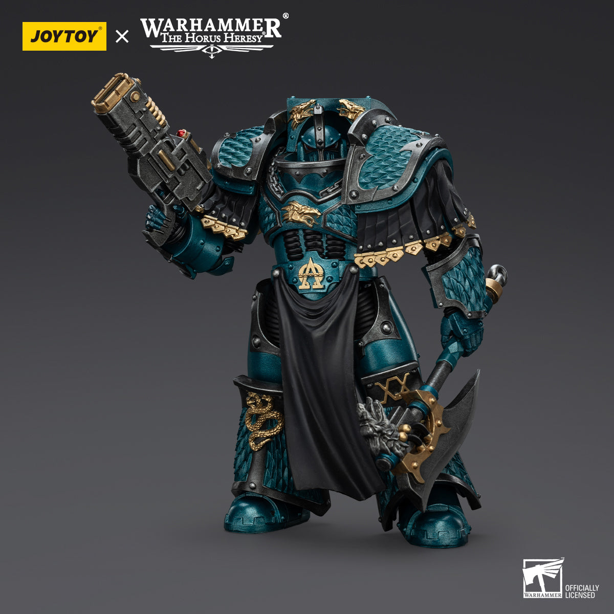 Alpha Legion Lernaean Terminator with Volkite Charger, front view. Displaying intricate armor detailing and Legion insignia.
