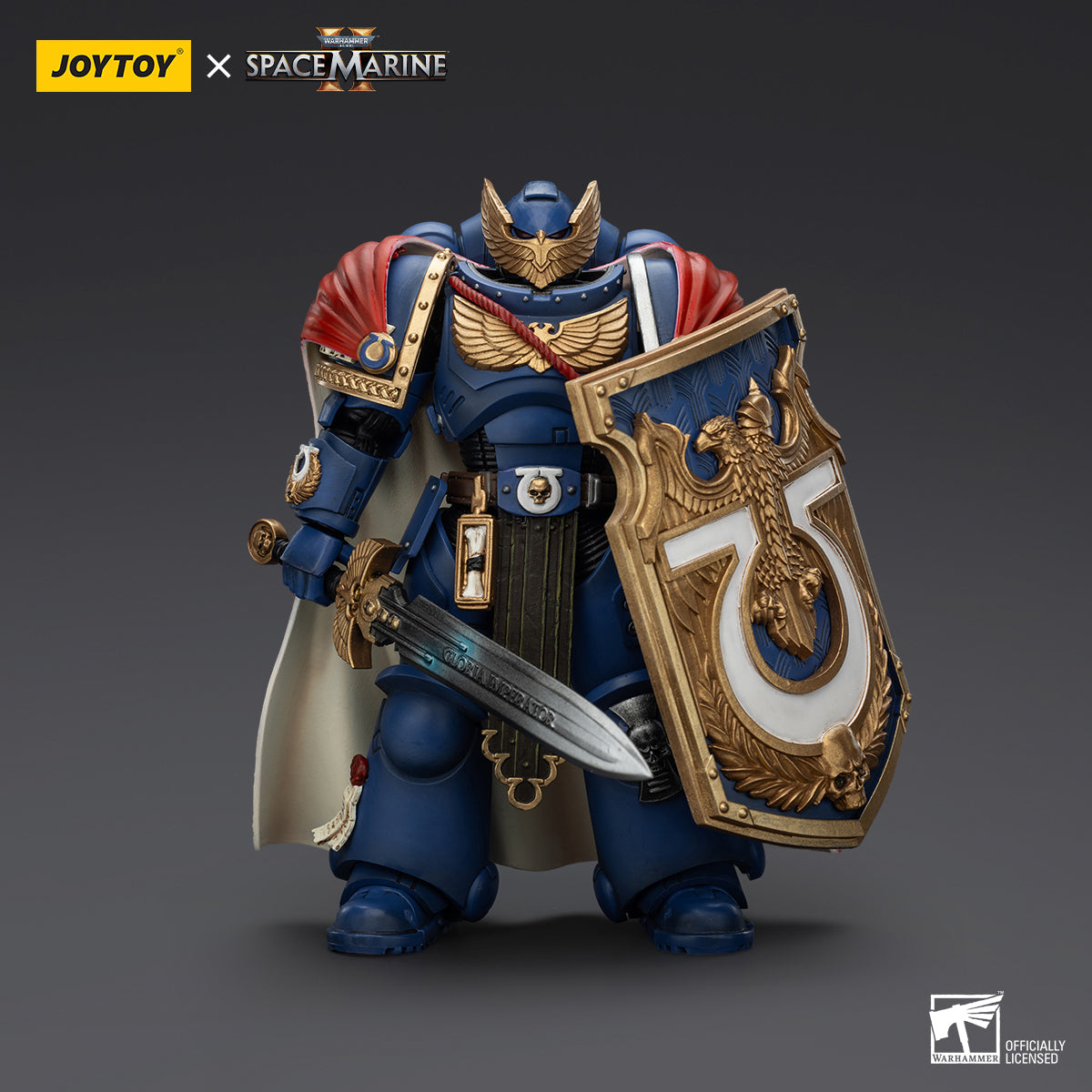 Ultramarines Victrix Honour Guard action figure in stanby posture, holding a shield in the left hand and a sword in the right hand