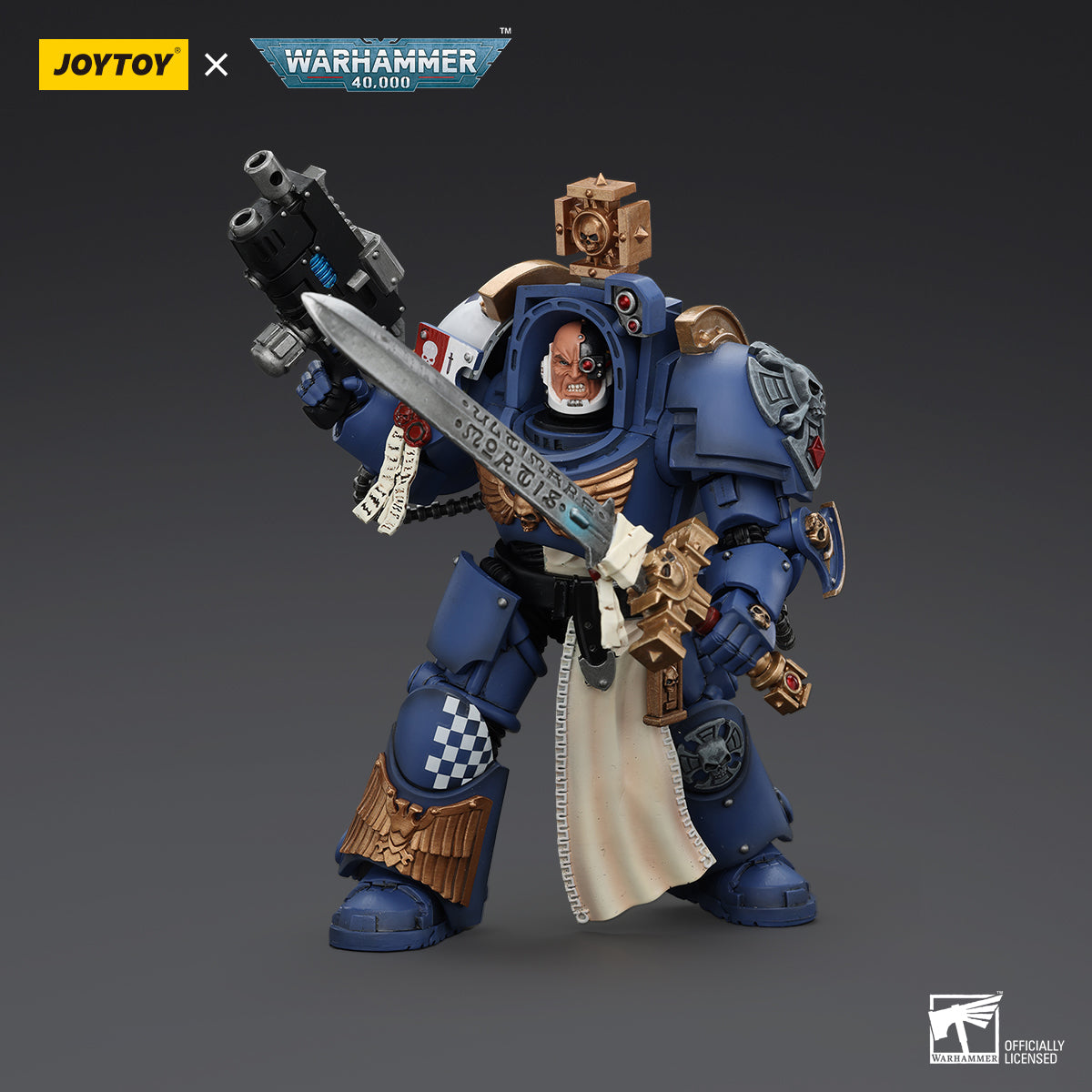 Ultramarines Captain in Terminator Armor, standing in a powerful battle stance, ready to lead the charge with sword and bolter in hand.