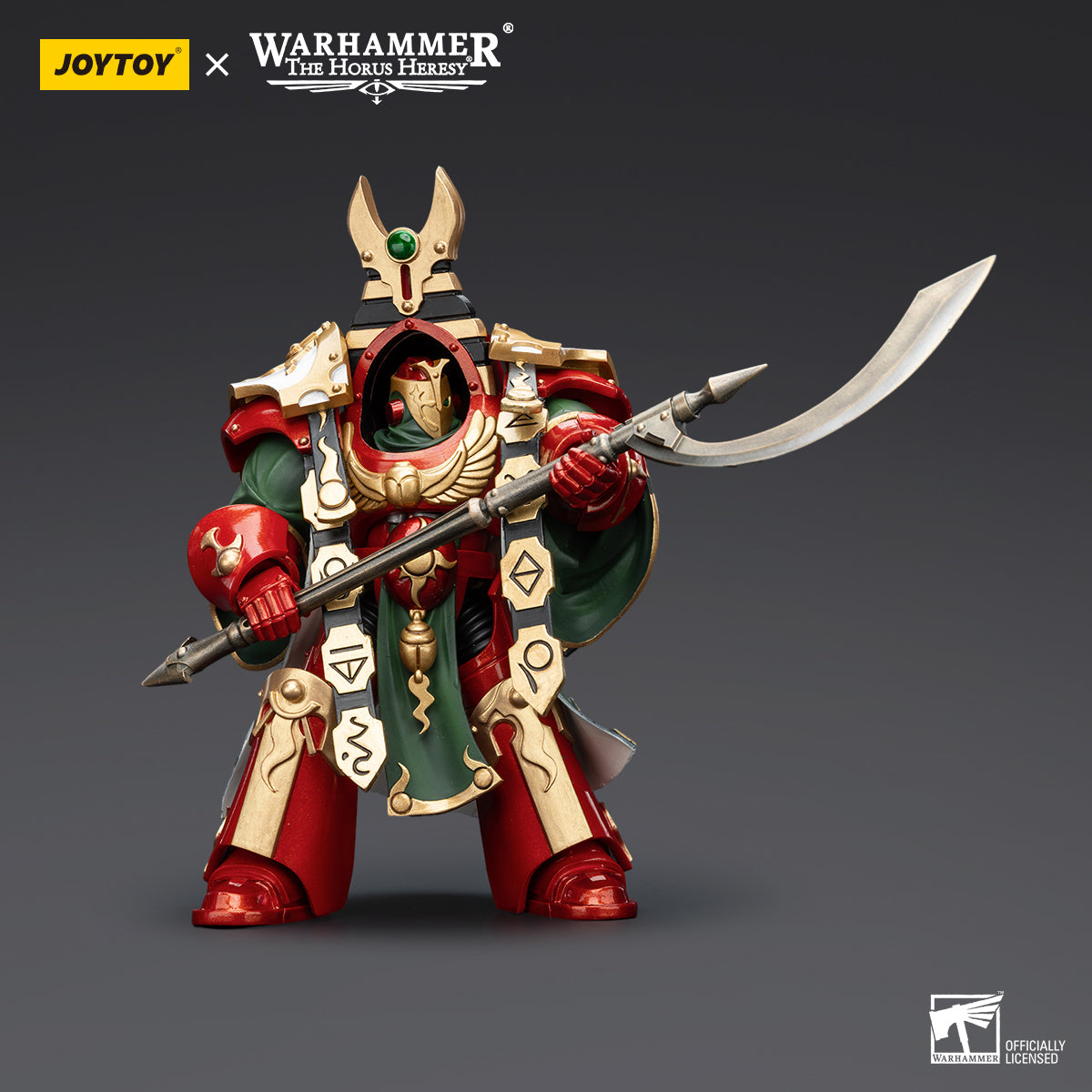 Thousand Sons Praetor in combat pose, wielding a mighty weapon, standing resolute and ready to charge into battle, fully armored in Cataphractii Terminator armor
