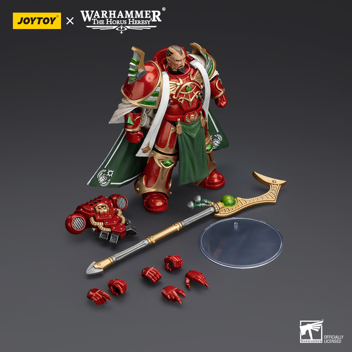 Package contents for Magistus Amon, including the figure, arcane staff, interchangeable hands, and pieces for assembling his detailed armor and cloak.