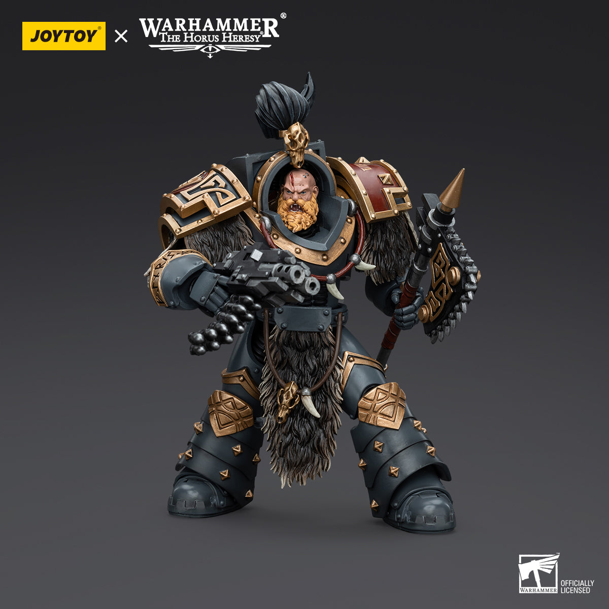 Varagyr Wolf Guard Terminator in combat stance, wielding a power fist and preparing for action, armored and battle-ready.