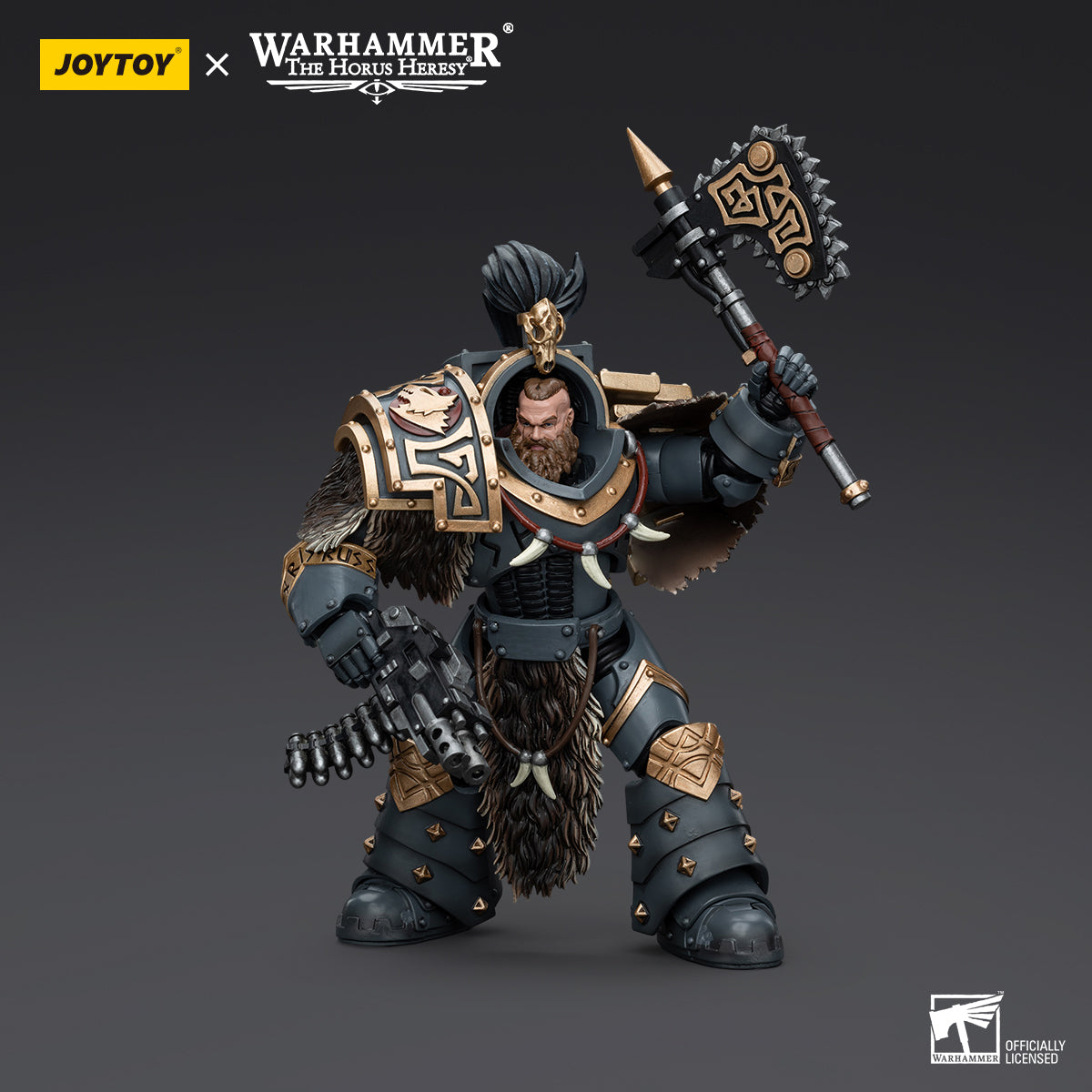 Varagyr Wolf Guard Terminator in combat stance, wielding a power fist and preparing for action, armored and battle-ready.