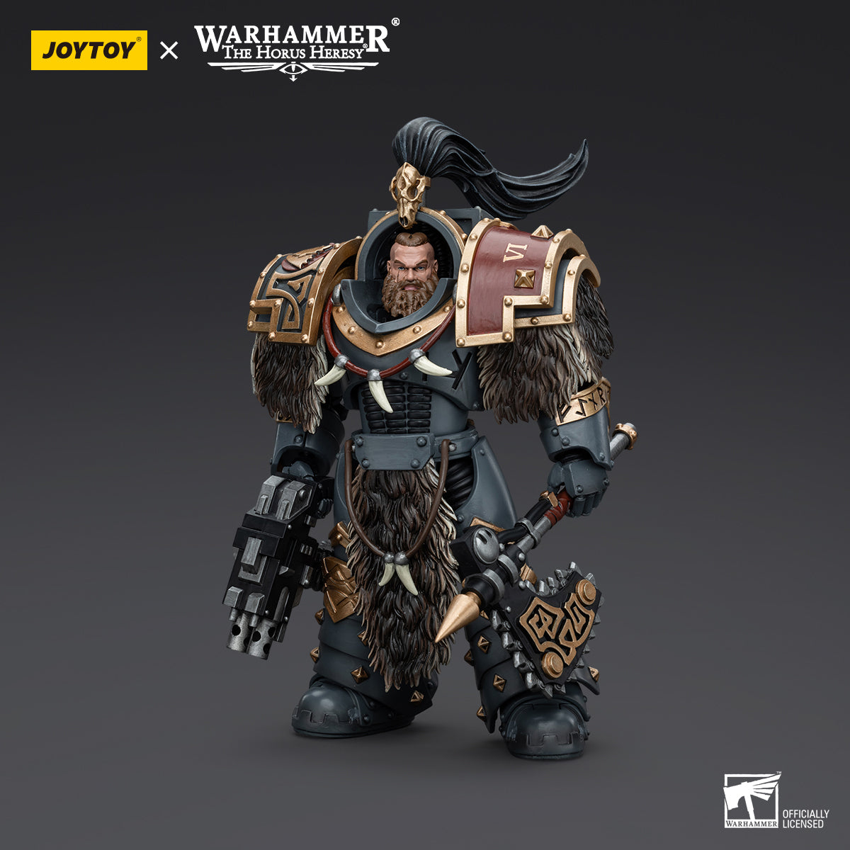 Side view of Varagyr Wolf Guard Terminator, showcasing the detailed profile of the warrior with his power fist and armor's intricate wolf engravings.