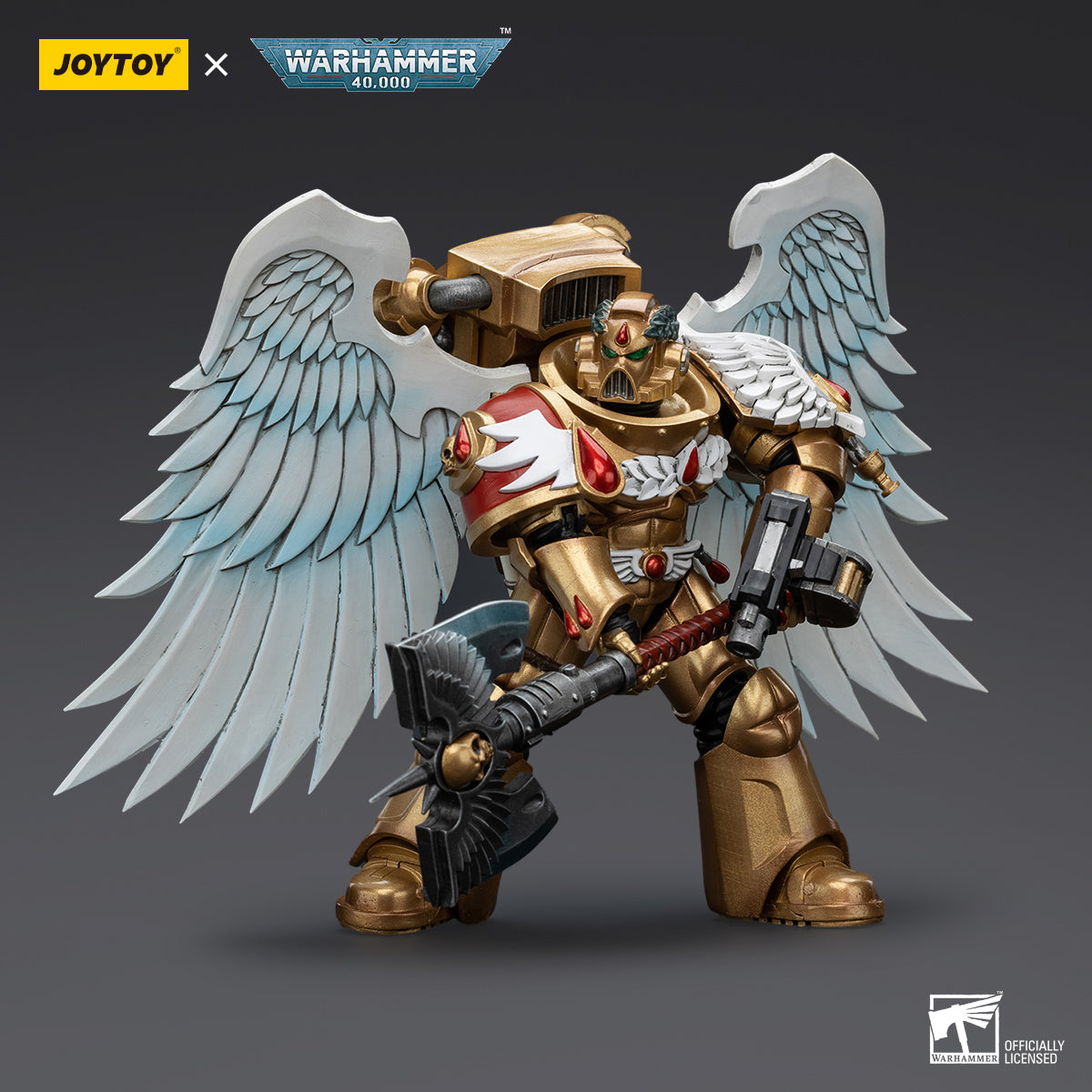Blood Angels Sanguinary Guard with Encarmine Axe, front view. The figure is elegantly armored in gold and red, holding the iconic Encarmine Axe in a battle-ready stance, with detailed chapter insignia adorning the armor.
