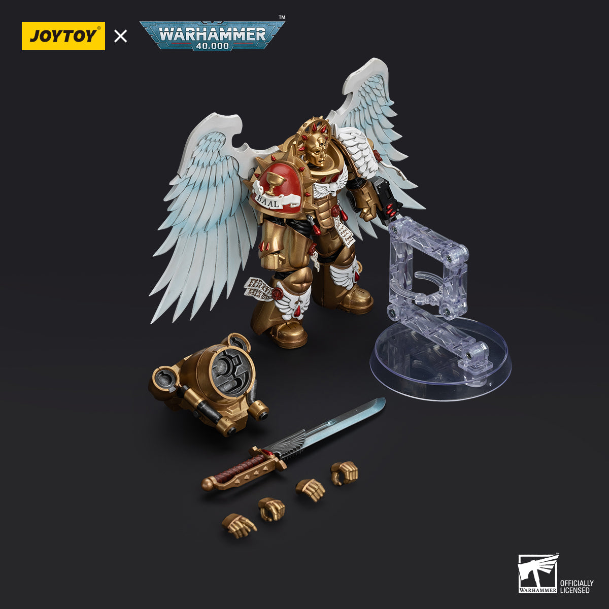 Package contents for Blood Angels Sanguinary Guard with Encarmine Sword, including the figure, Encarmine Sword, interchangeable hands, and armor accessories.