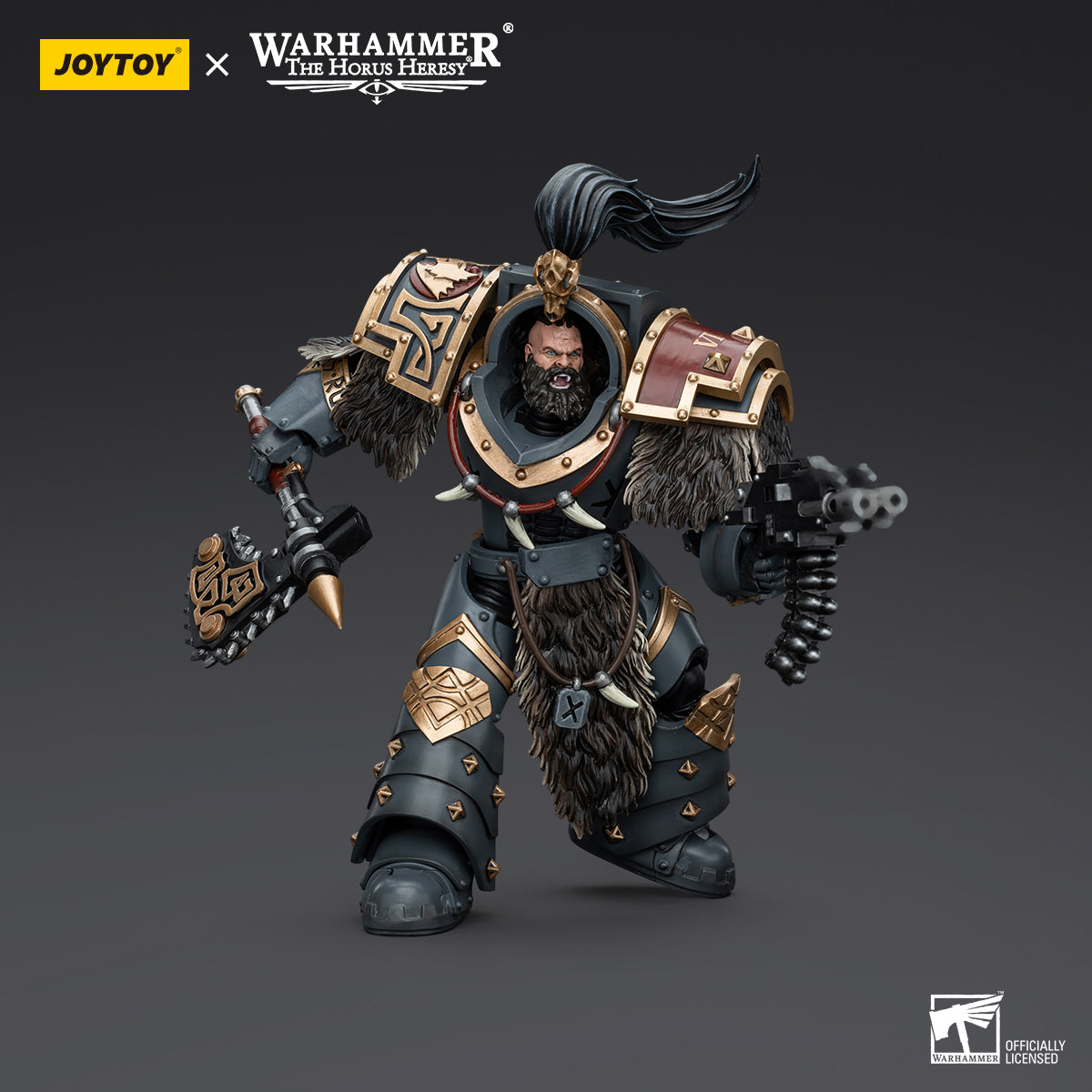 Varagyr Thegn in combat stance, holding an axe in a powerful ready-for-action pose, fully armored and battle-ready