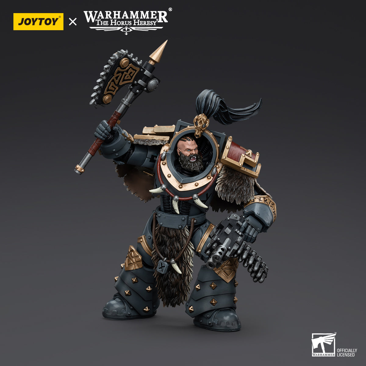 Varagyr Thegn in combat stance, holding an axe in a powerful ready-for-action pose, fully armored and battle-ready