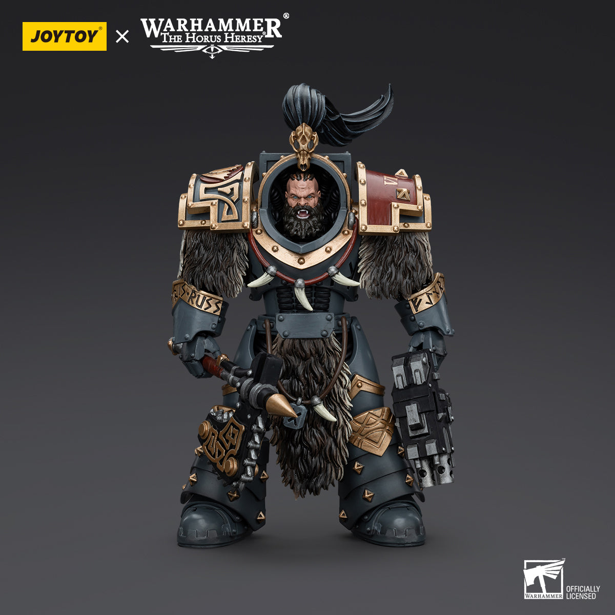 Space Wolves Varagyr Thegn in full armor, front view. Warrior with wolf-themed armor, wielding a weapon, ready for battle.