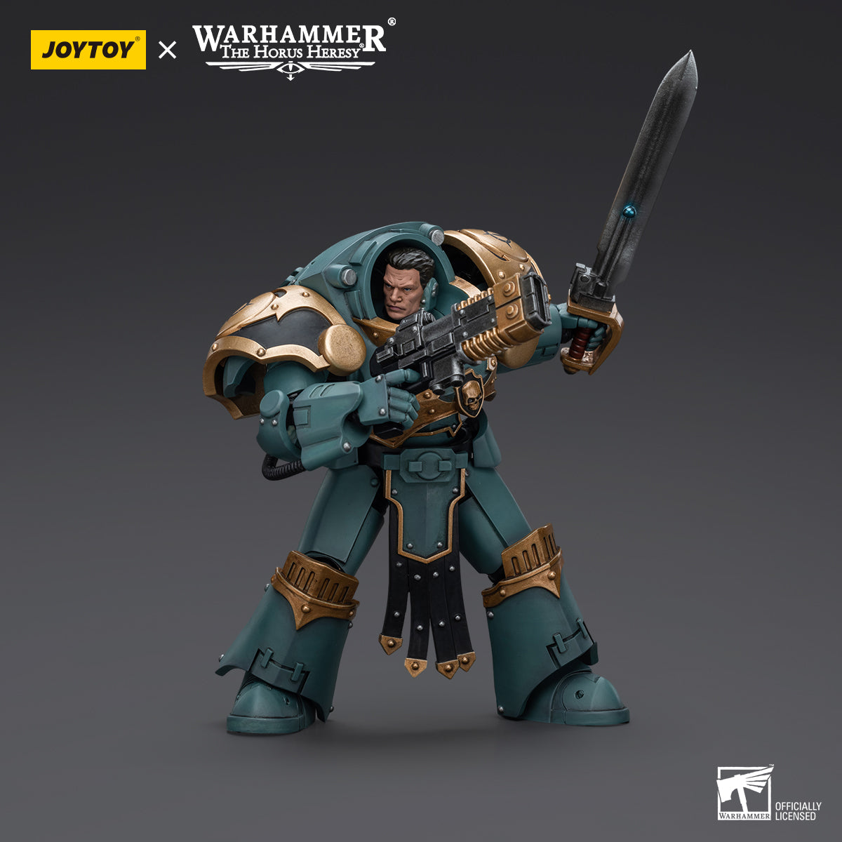 Sons of Horus Tartaros Terminator Sergeant with Volkite Charger and Power Sword in combat stance, ready for action with Volkite Charger aimed forward and Power Sword raised for close-quarters combat.