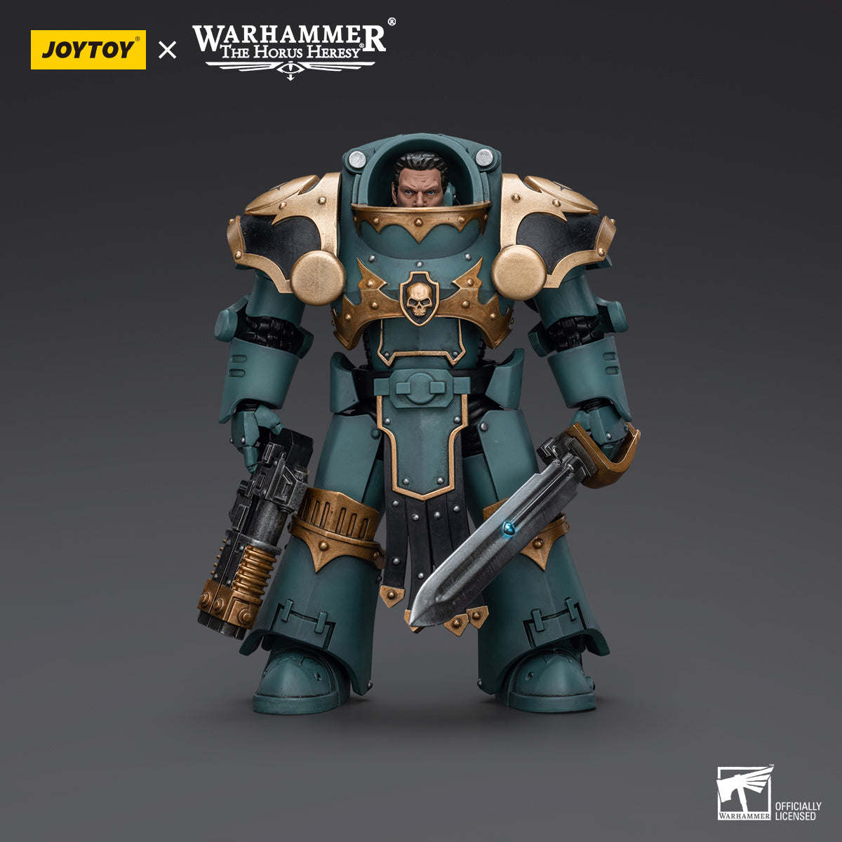 Sons of Horus Tartaros Terminator Sergeant with Volkite Charger and Power Sword, front view. The Sergeant stands proudly, wielding the Volkite Charger in one hand and the Power Sword in the other, his armor decorated with Sons of Horus insignia.