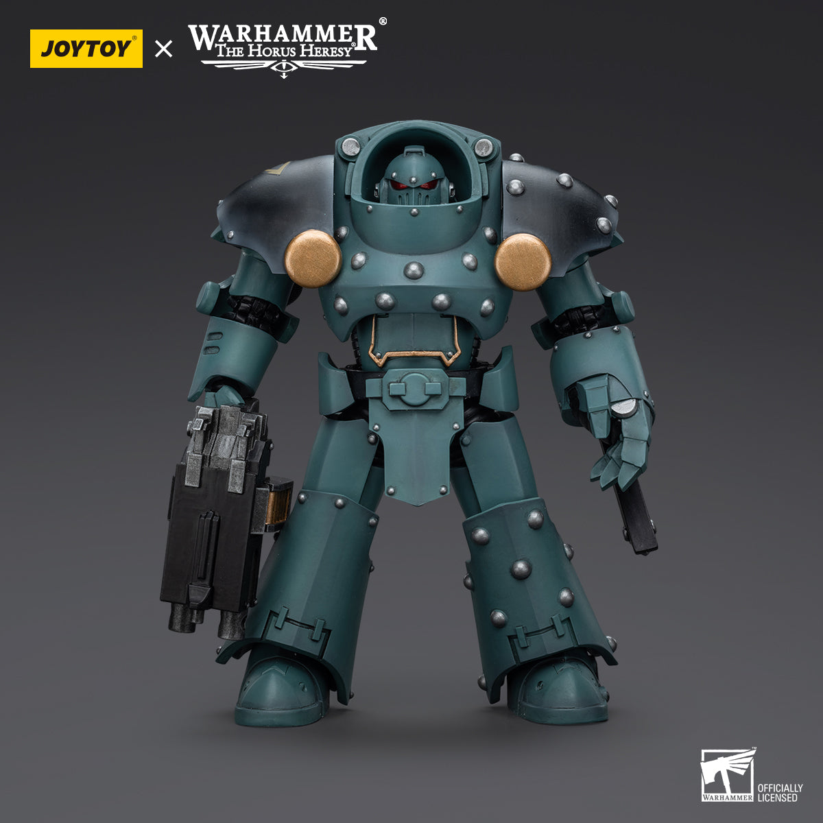 Sons of Horus Tartaros Terminator with Combi-Bolter and Chainfist, front view. The Terminator stands in full armor, holding the combi-bolter in one hand and a chainfist in the other, ready for close and ranged combat.