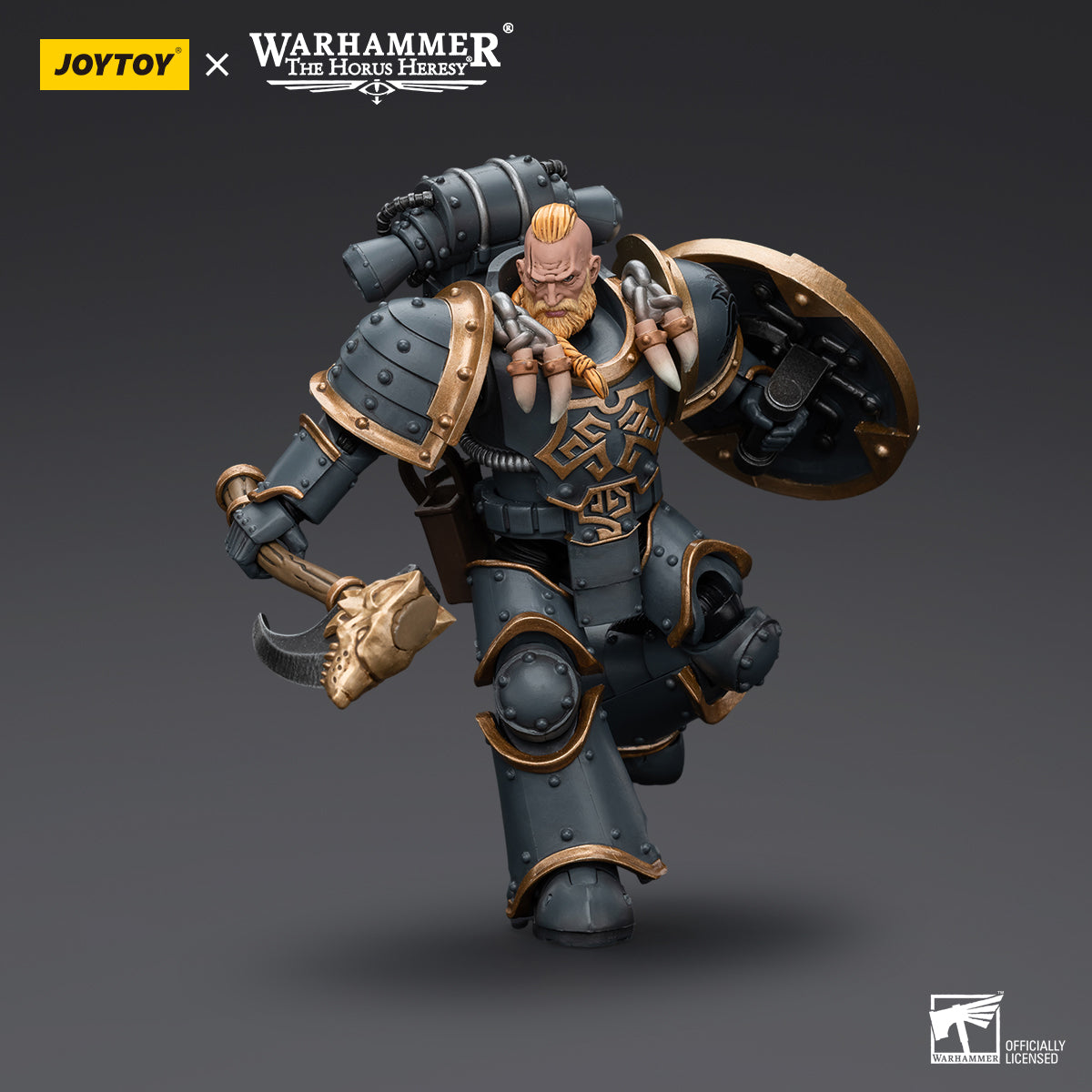Space Wolves Grey Slayer in combat stance, holding weapon in action-ready pose, fully armored and poised for battle.