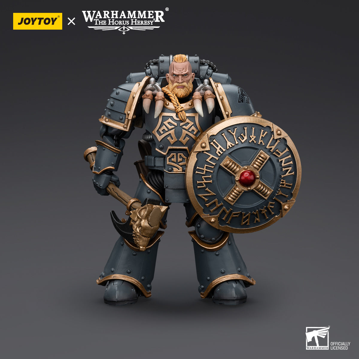 Space Wolves Grey Slayer in full armor, front view. Warrior with wolf-themed armor and weapons, ready for battle.