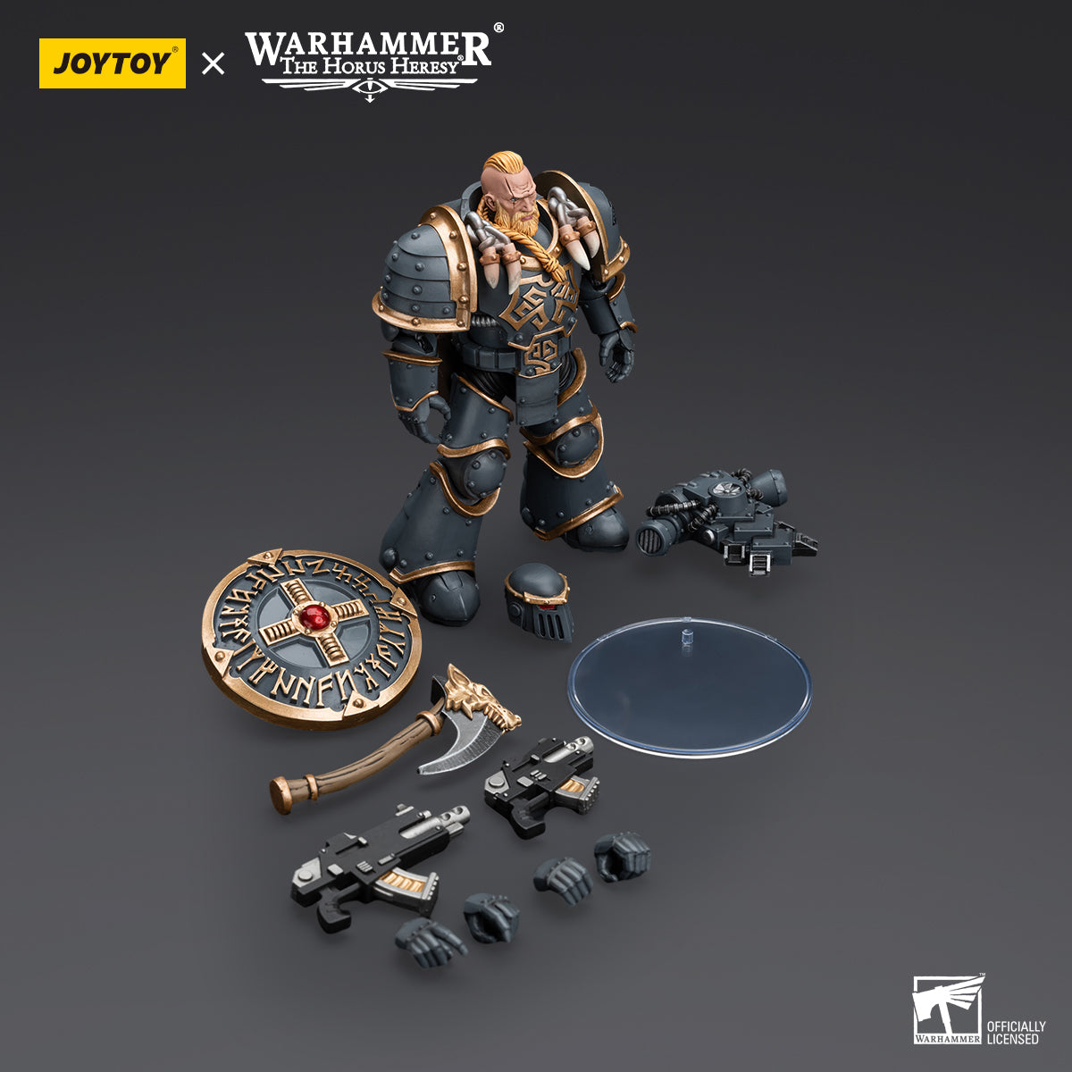 Package contents for Space Wolves Grey Slayer, including the figure, weapon, interchangeable hands, and additional armor accessories.