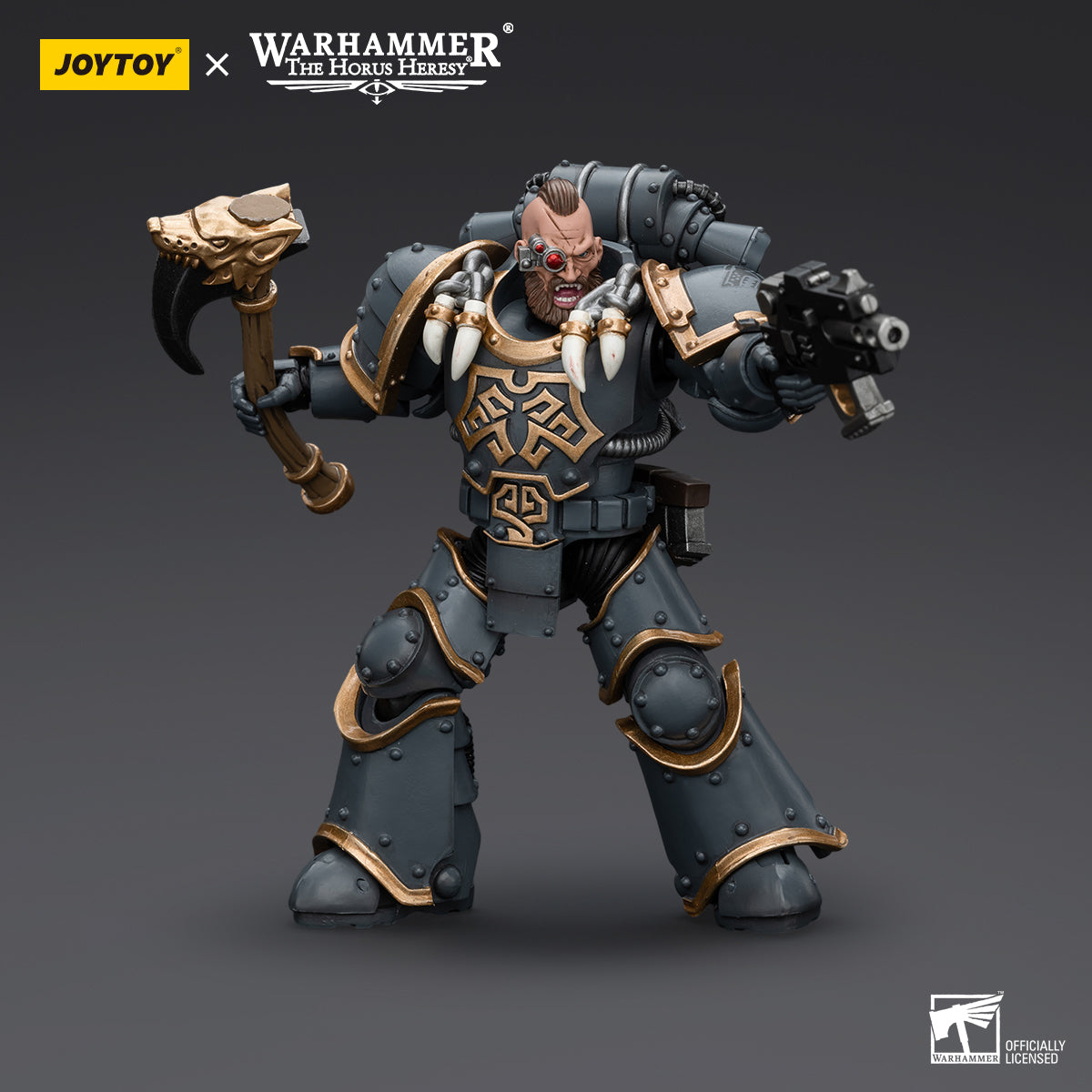 Space Wolves Grey Slayer in combat stance, holding weapon in action-ready pose, fully armored and poised for battle.