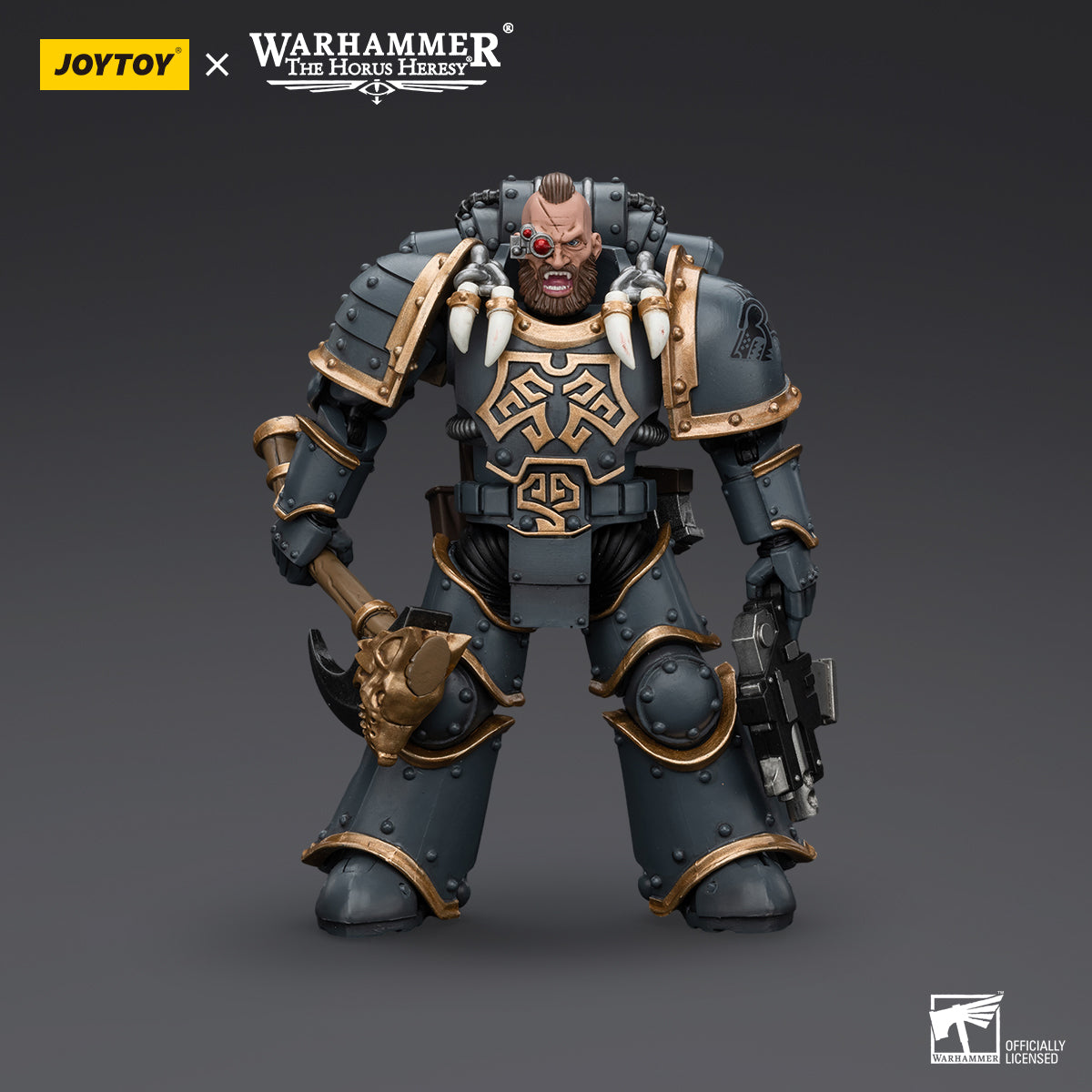 Space Wolves Grey Slayer in full armor, front view. Warrior with wolf-themed armor and weapons, ready for battle.